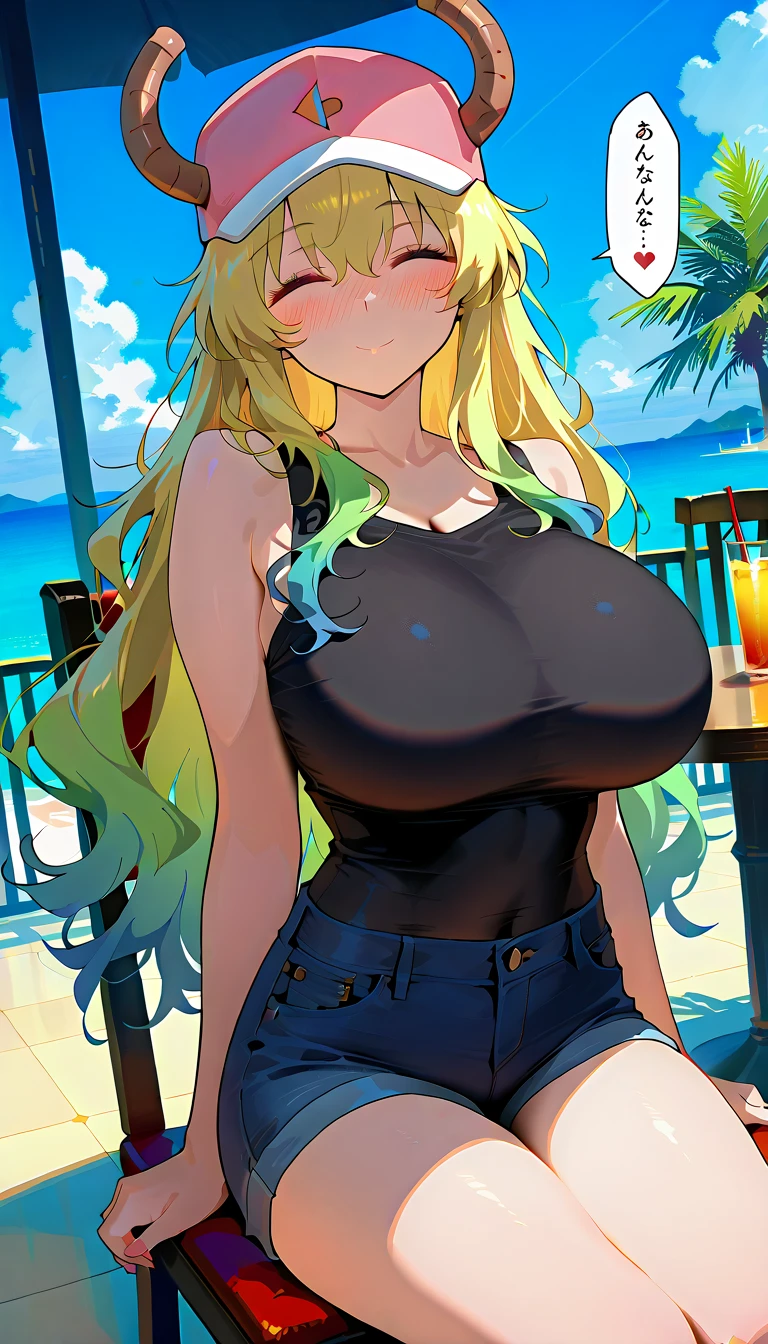 masterpiece, ultra detail,  a girl , lover, cute, adult female, score_9, score_8_up , score_7, 4K definition, high defitinition, best quality, master piece, great artist, good coloring, good shadows, highly detailed, lucoa,  1girl , Alone,  dress,  bare shoulders, smile, outdoors,  sleeveless, Sunny day, big breasts,  shorts  facing viewer,  arms at sides, crop top, closed eyes, dynamic angle , source_anime, cowboy shot, full portrait, (slim, slender body, tight waist, toned body, (slim, slender body, tight waist, toned body), (Cafe, seat,  table , Chair, Around town), (sitting on chair,  table に肘をつく), full-face blush, speech bible, (lovely face, embarrassed, full blush, loving you), (side view:1.2), lovely hearts:1.4, (throw), Sound effects, front view