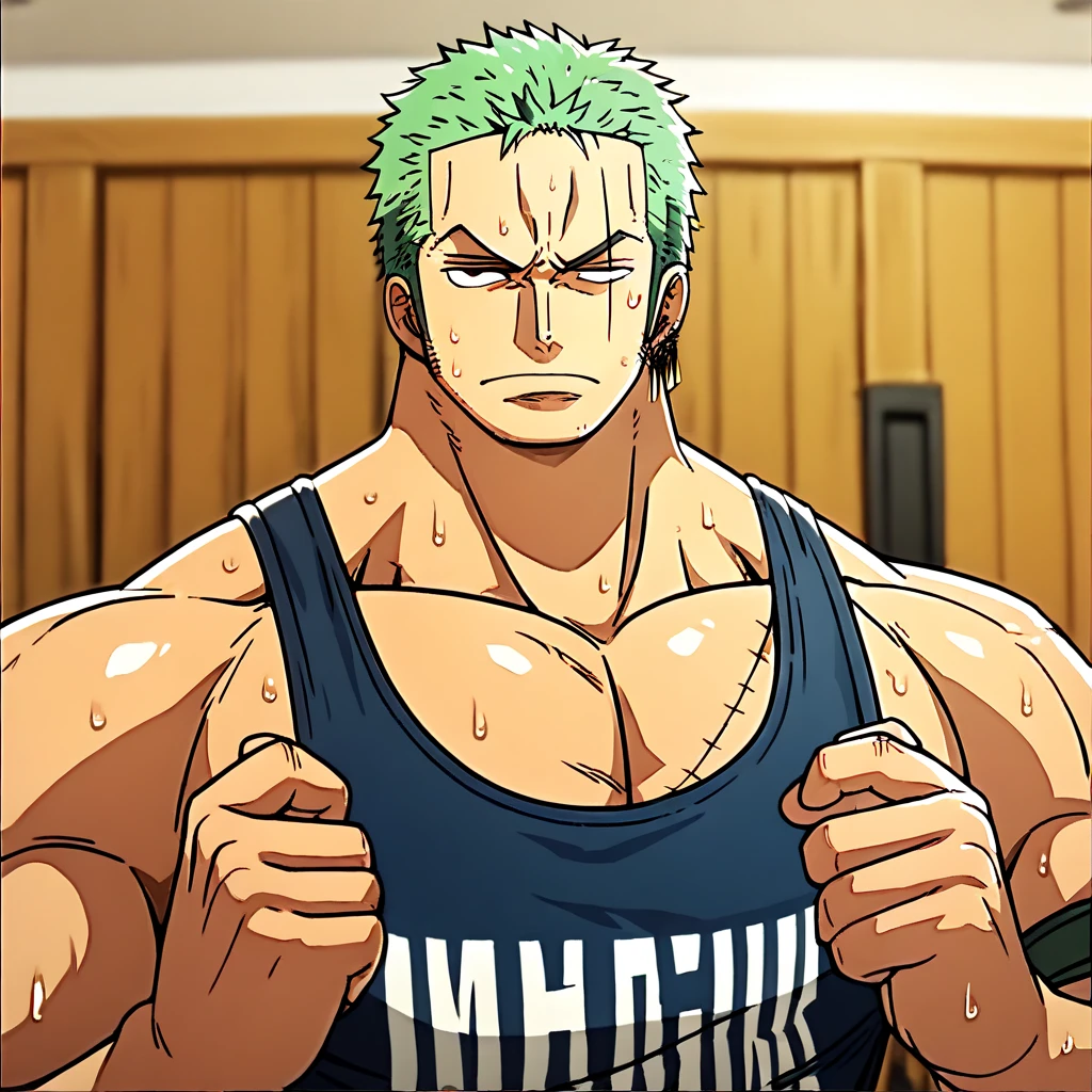 best quality, masterpiece, extremely detailed, Roronoa Zoro in a locker room, wearing wrestling singlet, muscular, double biceps pose, massive pecs, broad shoulder, sweaty, blank eyes, hypnotized, dazed expression, vacant stare, High Resolution