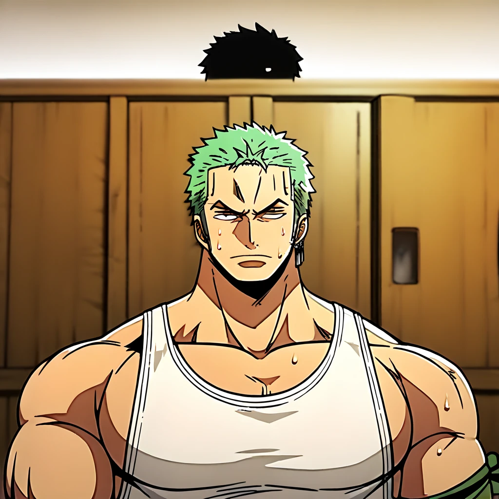 best quality, masterpiece, extremely detailed, Roronoa Zoro in a locker room, wearing wrestling singlet, muscular, double biceps pose, massive pecs, broad shoulder, sweaty, blank eyes, hypnotized, dazed expression, vacant stare, High Resolution