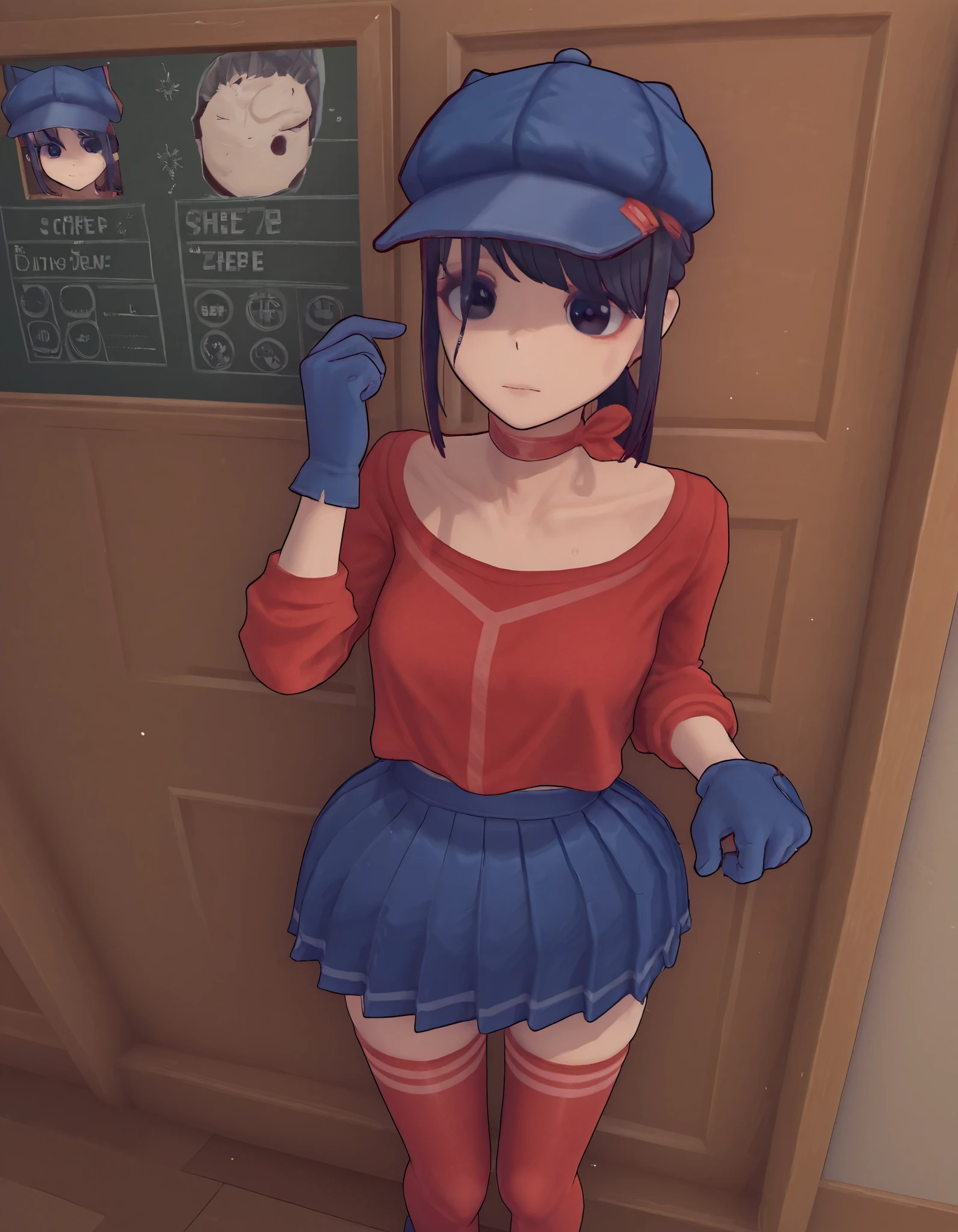 score_9, score_8_up , score_7_up , score_6_up , very perfect, 1, score_9, CoolMita, 1girl, hat, gloves, red shirt, blue pleated skirt, red thighhighs, ponytail, masterpiece , best quality , 8k, High resolution , aesthetically pleasing , dark haired , ((Foto em ângulo baixo、Olhando para a câmera: 1,22, Inclinando-se para frente.