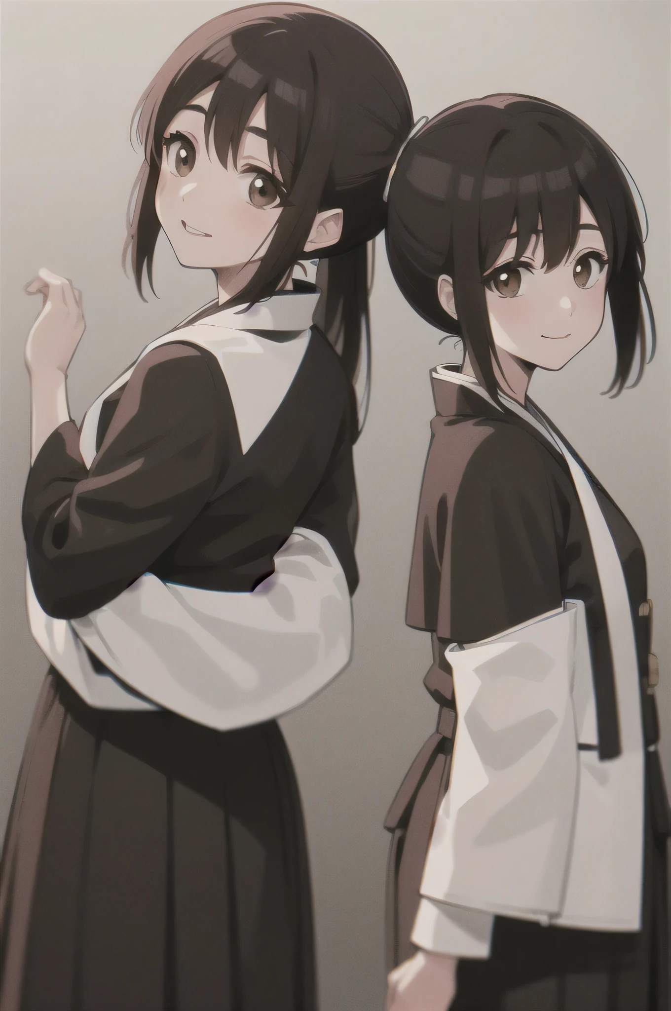 Masterpiece, best quality ,
1 girl, romantic love, black hair, ponytail, Van Cover, brown eyes, kimono, Black Hakama, black kimono ,I'm wearing a white sleeveless coat
smiling, Alone, is looking, simple background, white background