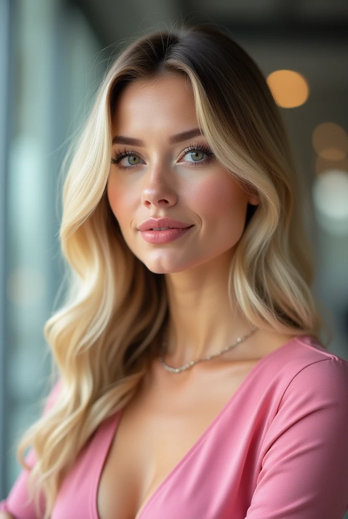 Mulher Disney,pixar 3d 4k wonderful wear a rosy blazer pearl earrings,cabelos longos com leve ondas e mechas loiras, com sorriso iluminado em um lindo salao de beleza elegante e sofisticado segurando nas maos lindas faixas de extensoes de cabelo