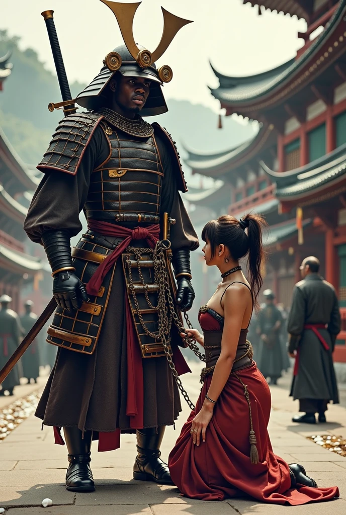Close-up shot, Low angle shot, (Yasuke “A towering African man over six feet tall, with a muscular build and dark, glistening skin”, standing tall and confident, faces Oda Nobunaga for the first time in a grand audience chamber. Yasuke is dressed in a dark, finely woven tunic and trousers, with a simple but elegant sword at his side. Nobunaga, dressed in elaborate samurai armor adorned with gold and intricate designs, sits on a raised platform, his sharp eyes studying Yasuke with intense interest. The room is decorated with traditional Japanese banners and artwork, and the floor is polished wood, reflecting the flickering light from torches on the walls. Yasuke’s expression is one of respect and readiness, while Nobunaga’s face shows a mix of curiosity and admiration.) unreal engine, cinematic, hyper-real, highly detailed, Ultra realistic HD --q 2 --v 6.1 --ar 9:16
