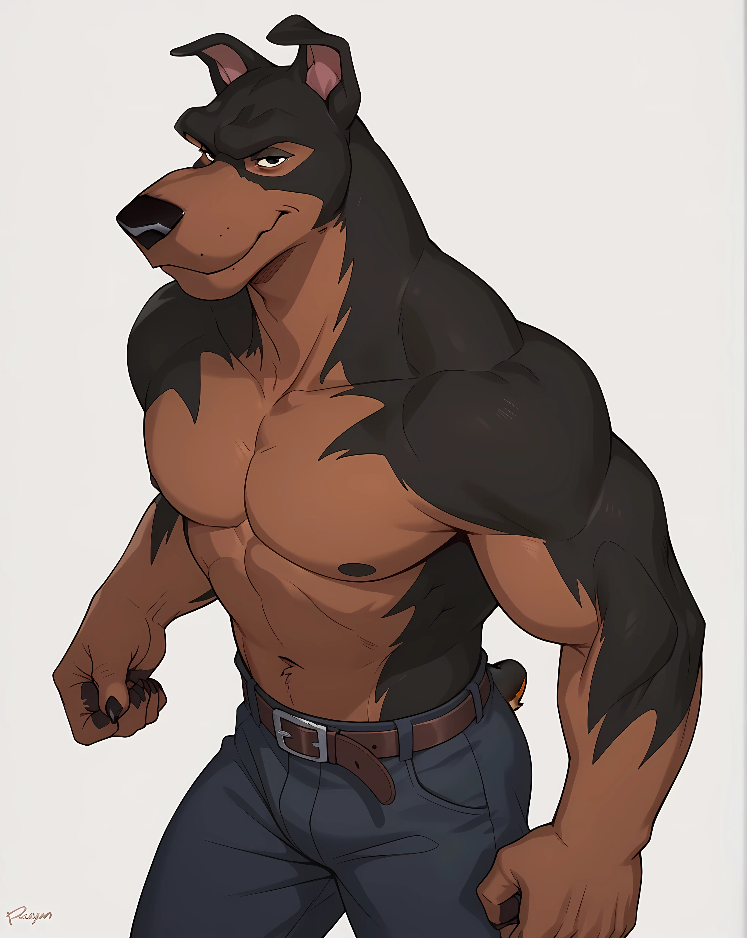 BusterLT, furry, anthro, anthro body, canine, doberman, black eyes, black nose, black body, black fur, brown body, brown fur, two tone body, two tone fur, pink inner ear, full body, heavyweight build, muscular, muscles, ((flat colors, no shading)), simple background, detailed, posing, looking at viewer, closed mouth, smile, strong posture, shirtless, bare chest, belt, pants, bare feet, muscular neck, half body, above waist, strong pose,