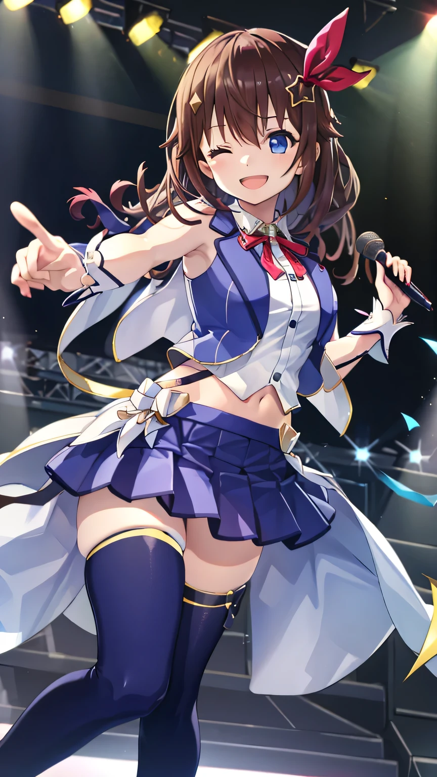 {{{masterpiece}}}, (best quality:1.5), (ultra-detailed:1.5), {illustration}, {{an extremely delicate and beautiful}}, (beautiful detailed eyes:1.6), absurdres, highres, extremely detailed face, 16k, hd, visual anime de uma jovem mulher, extremamente bonito rosto de anime, anime melhor garota, (perfect hands, perfect anatomy), anime face, Tokino Sora (HOLOLIVE), tokinosoraHL, 1girl, solo, cute face, long hair, brown hair, hair between eyes, star shaped hair ornament, hairclip, ribbon, hair ribbon, blue eyes, (High resolution eyes, Beautiful eyes, Light in the eyes), medium breasts, big hips, curvaceous, BREAK, blue vest, (open vest:1.2), white shirt, under breasts, sleeveless, midriff, red ribbon tie, wrist cuffs, (waist cape:1.1), blue skirt, pleated skirt, miniskirt, blue thighhighs, thigh ribbon, thighs, zettai ryouiki, BREAK, pointing, pointing at viewer, 1girl, solo, smile, open mouth, one eye closed, pointing, microphone, dancing, jumping, sing, singing, joyful, cute pose, dynamic pose, dynamic angle, indoor, stage, on stage, audience, fluttering skirt, peer in from below