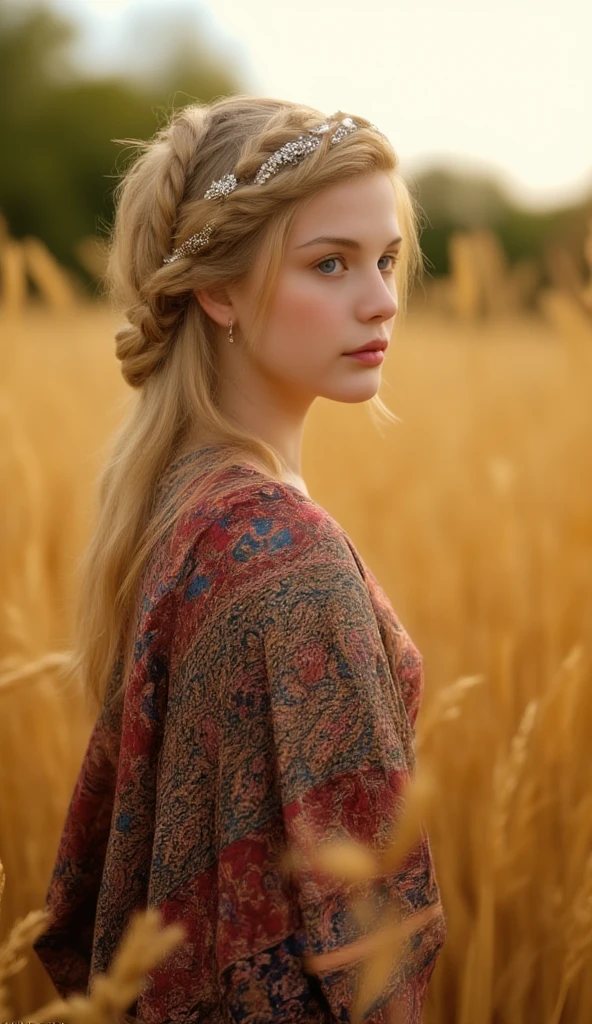 The charmingly distressed setting is bathed in warm golden light, highlighting the whimsical nature of this moment.She stands amidst golden wheat, her expressionless face gazing into the distance. Blonde hair is braided into a crown adorned with a vintage-style brooch, while a richly colored paisley shawl wraps around her shoulders, featuring intricate patterns in red, blue, and gold. The subject's eyes are hollow, empty sockets, making every other detail more unsettling. Her makeup is minimal, allowing her natural glow to shine through, and she wears delicate silver jewelry. A gentle breeze stirs the wheat around her, creating a lively backdrop for her poised posture.