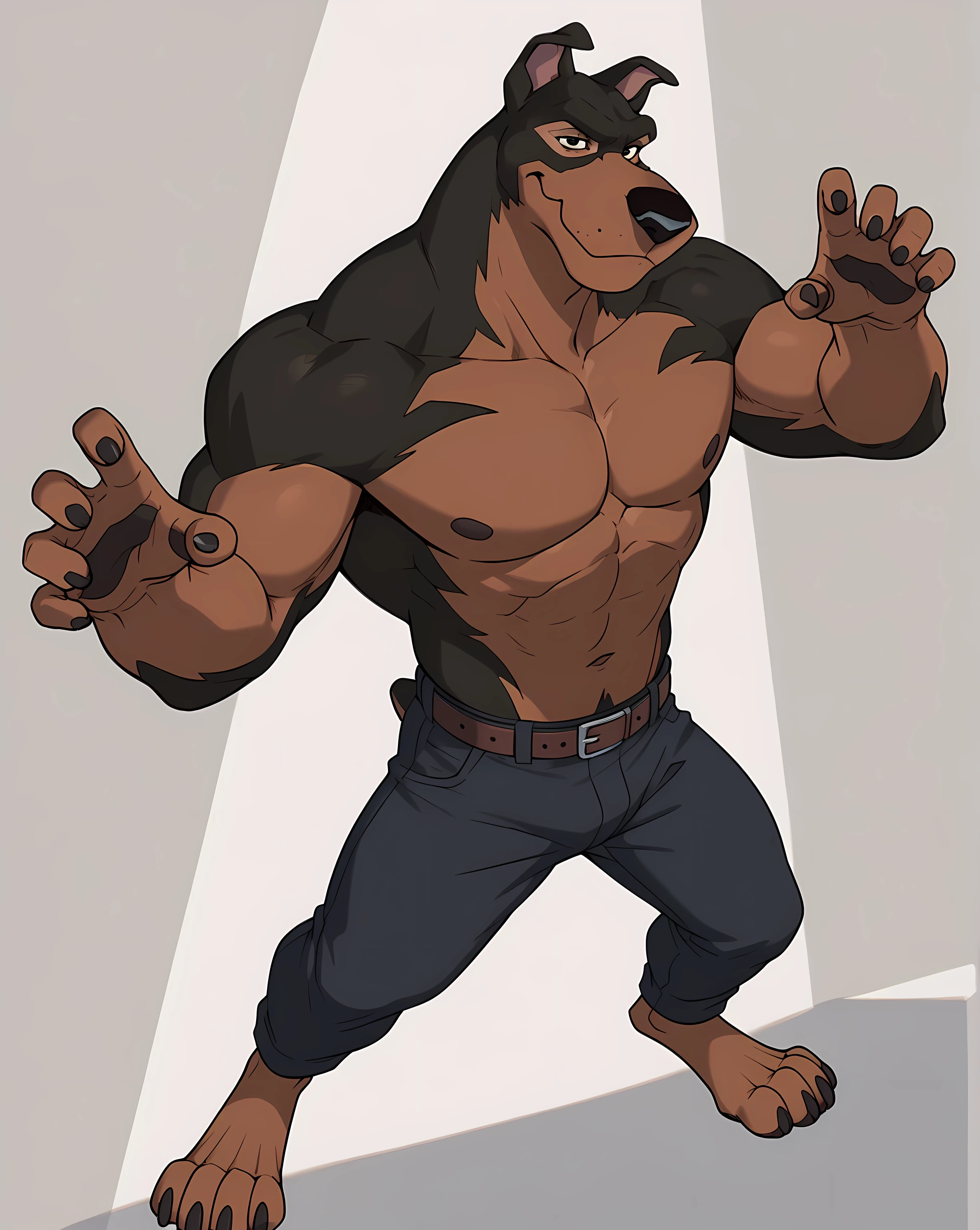 BusterLT, furry, anthro, anthro body, canine, doberman, black eyes, black nose, black body, black fur, brown body, brown fur, two tone body, two tone fur, pink inner ear, full body, heavyweight build, muscular, muscles, (flat colors, no shading), simple background, detailed, posing, looking at viewer, closed mouth, smile, strong posture, shirtless, bare chest, belt, pants, bare feet, muscular neck, full body, strong pose,