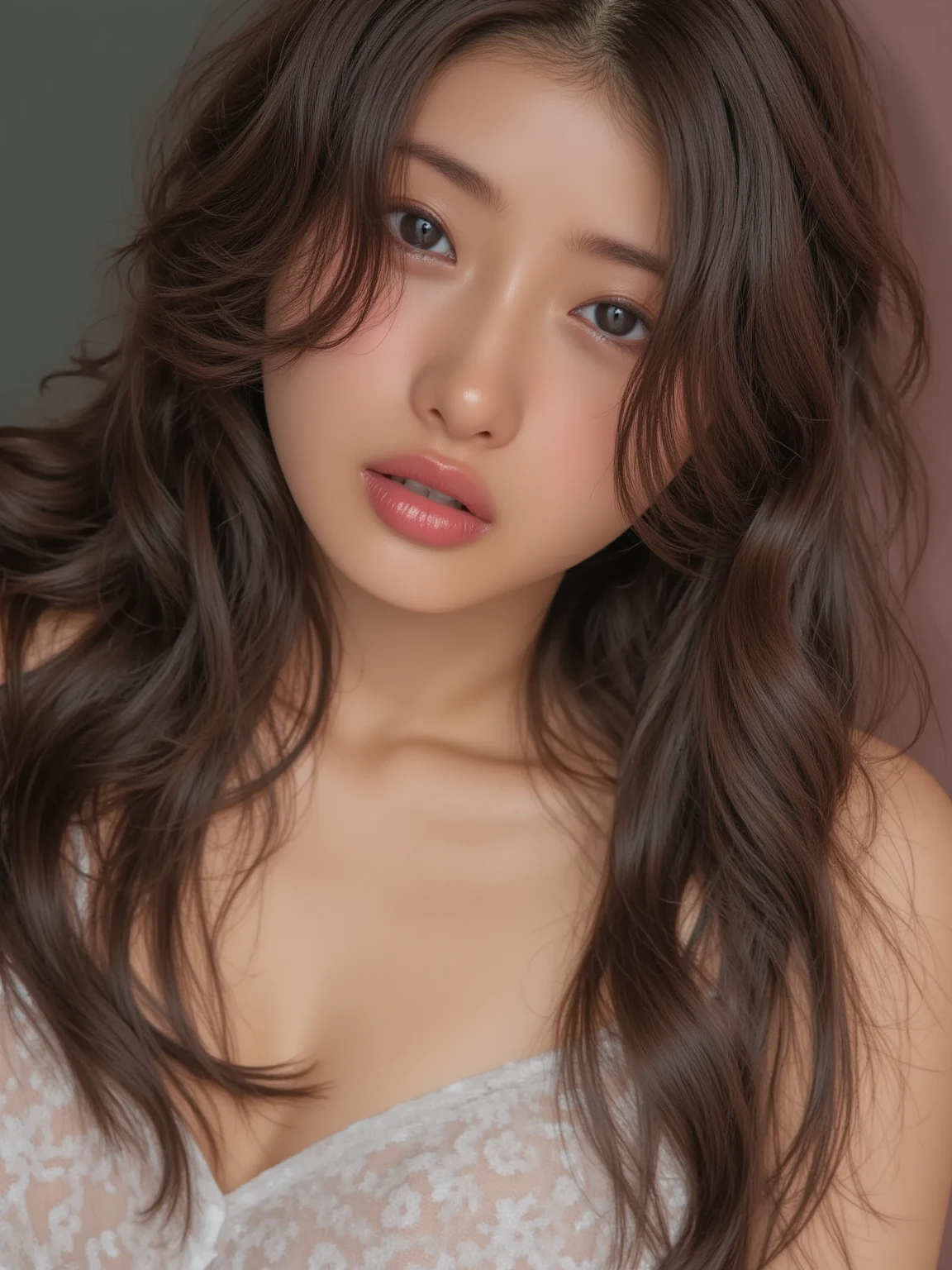 araffe asian woman laying in bed with white sheets and a pink top, ulzzang, gorgeous young korean woman, korean girl, beautiful young korean woman, beautiful south korean woman, long hair with full bangs, long hair with bangs, young adorable korean face, brown long hair with bangs, neat hair with bangs, popular south korean makeup
