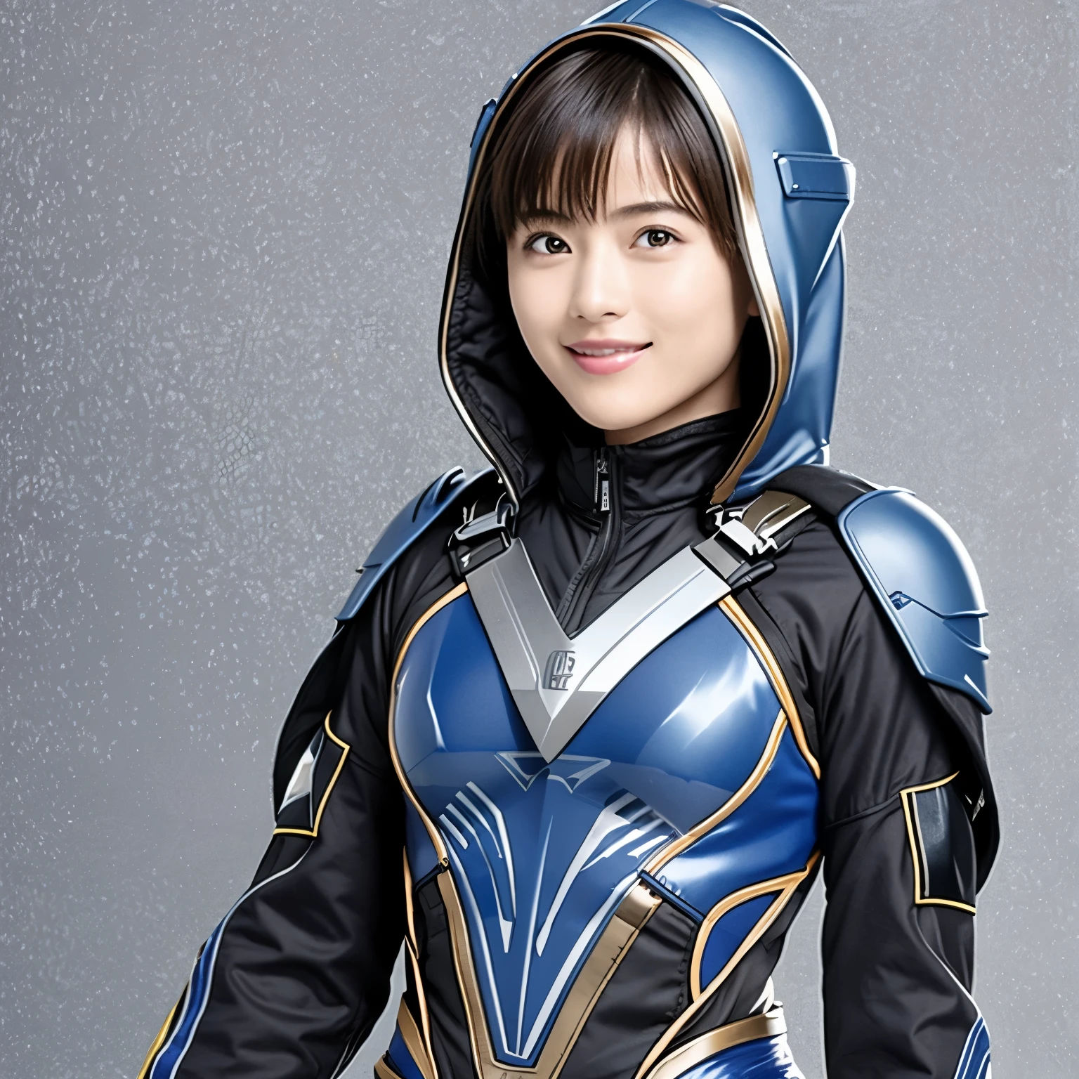 (moefive face, hurricane blue outfit, no helmet, ninpuu sentai hurricanger, belt, blue spandex tight costume, ultra best quality、8K、masterpiece、delicate illustration、wetting hair、 standing:1.2、full body Esbian:1.1、A beautiful and bewitching Japanese 25-year-old woman、Shocking blue metallic hero suit with a futuristic fit:1.3) 、(very plump body:1.2、ultra gigantic tits:1.4)、smiling at the viewer、Short dark-haired