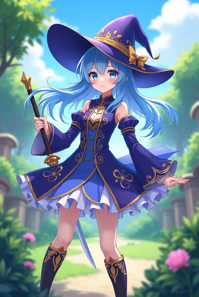 (shylily/(Twich/):1.5),(masterpiece:1.2),(best quality:1.2),, (1girl:1.3),white backgrounid, blue skirts，, (Kneeling), (Kneeling on white glass surface), (at the lowest limit, Tiny), (white backgrounid), (Witch hat), curlies, looking at viewert, in a panoramic view, Faraway view,  ink wash style
