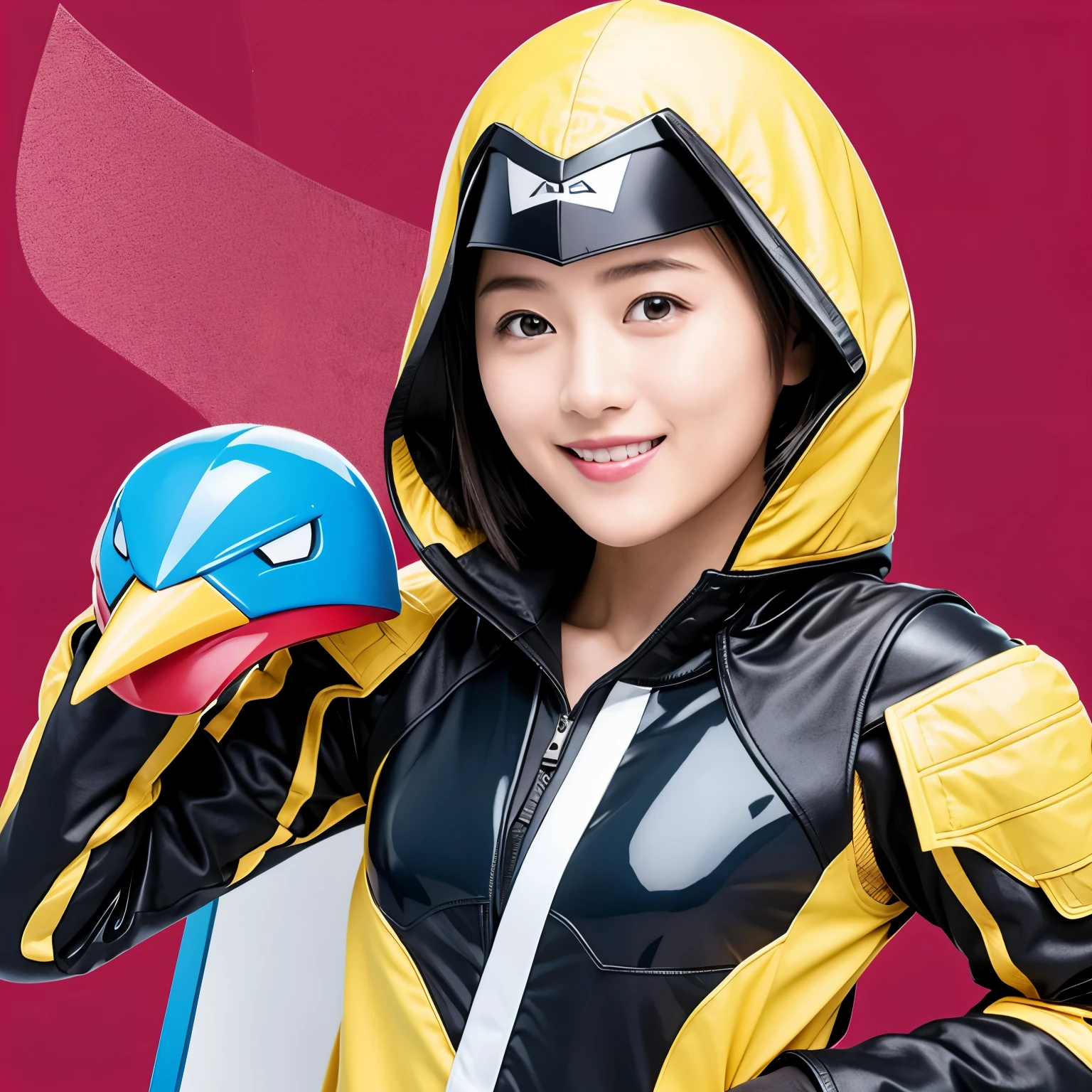 348 (20-year-old female, short hair), ( HD), (smile), (Gatchaman's combat uniform), (beak-shaped transparent hooded helmet), ( abs)