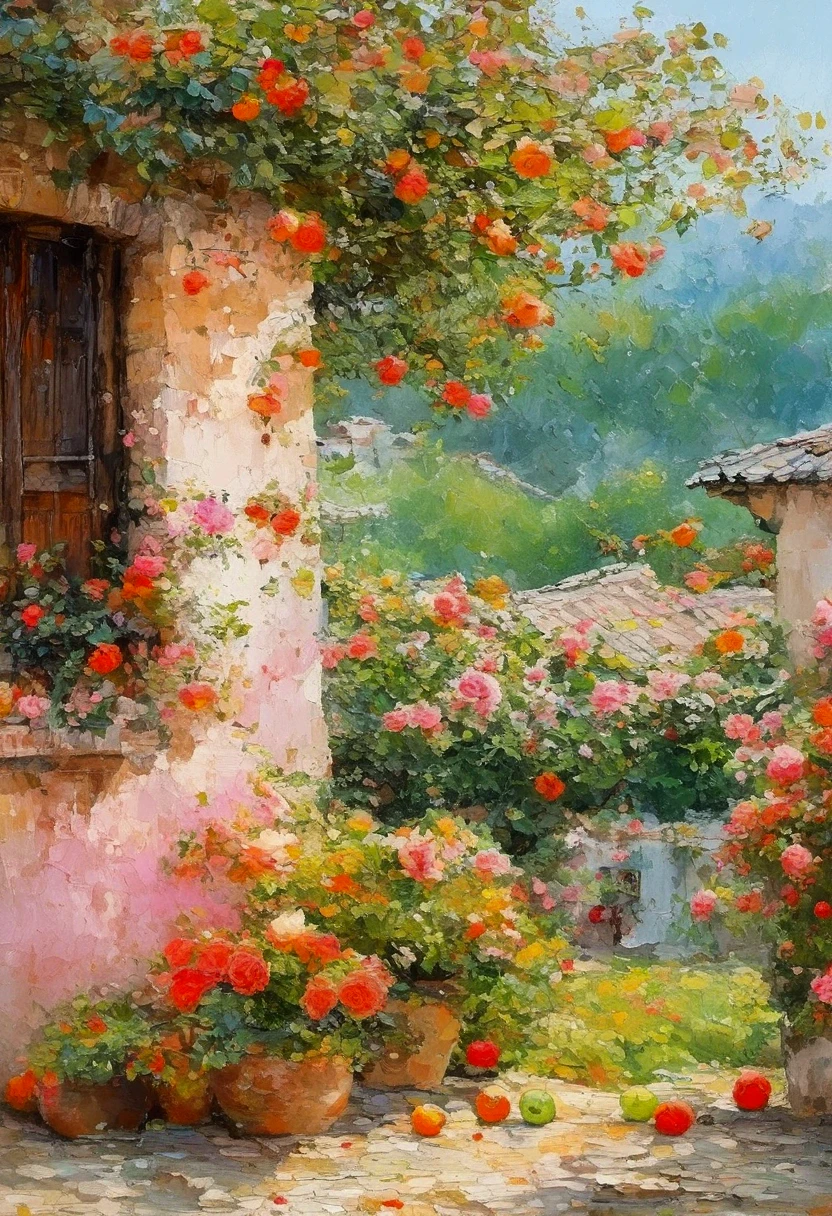 High saturation， Oil painting texture  ，Light and Shadow，   rough strokes and textures：中式古architecture, chimney, City, flower, flower园,  no human , orange flower, pink flower, pink Rose, plant, potted plant, red flower, red Rose, Rose, landscape, Tree, flower瓶, Watering jug。 apples, architecture, City, fruit, flower园, Grass, house,

