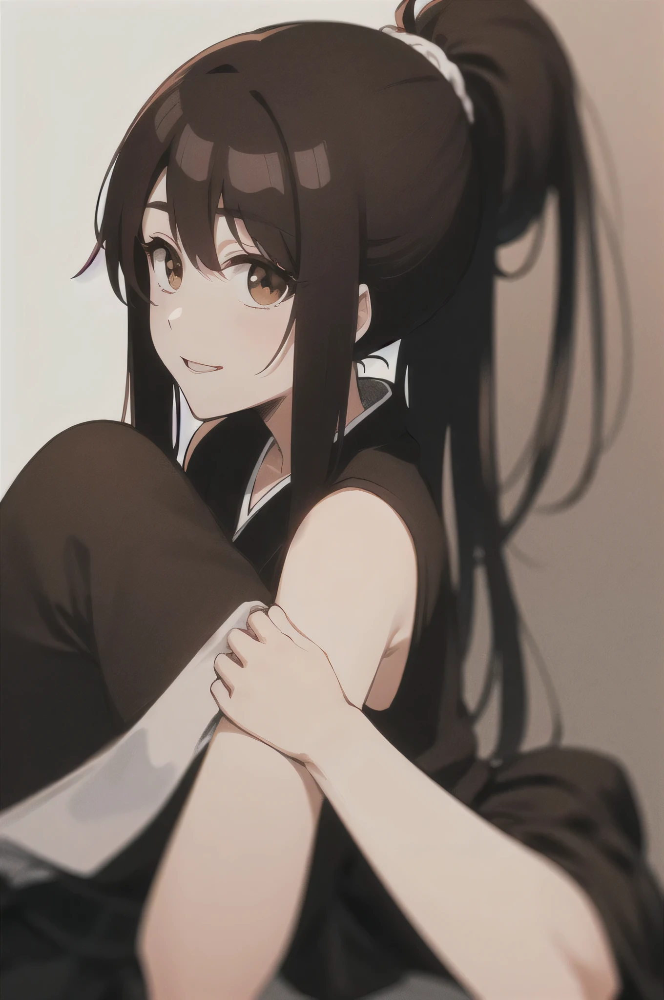 Masterpiece, best quality ,
1 girl, romantic love, black hair, ponytail, Van Cover, brown eyes, kimono, Black Hakama, black kimono ,I'm wearing a white sleeveless coat
smiling, Alone, is looking, simple background, white background