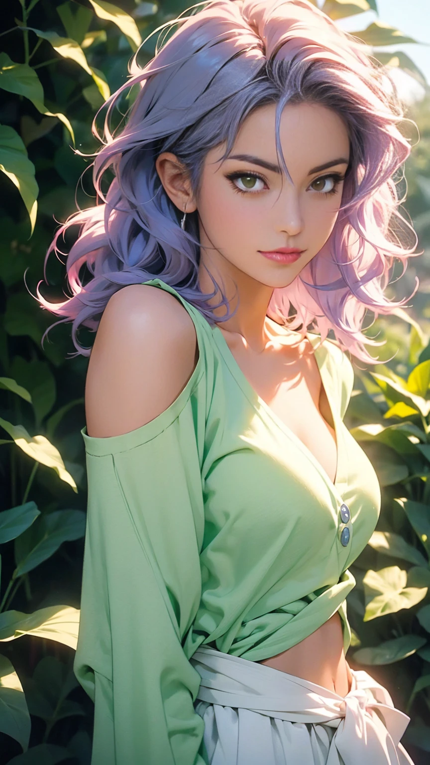 Close-up, purple-haired woman with a green flower in her hair, mint green eyes, a black choker on her neck and a mint green jacket