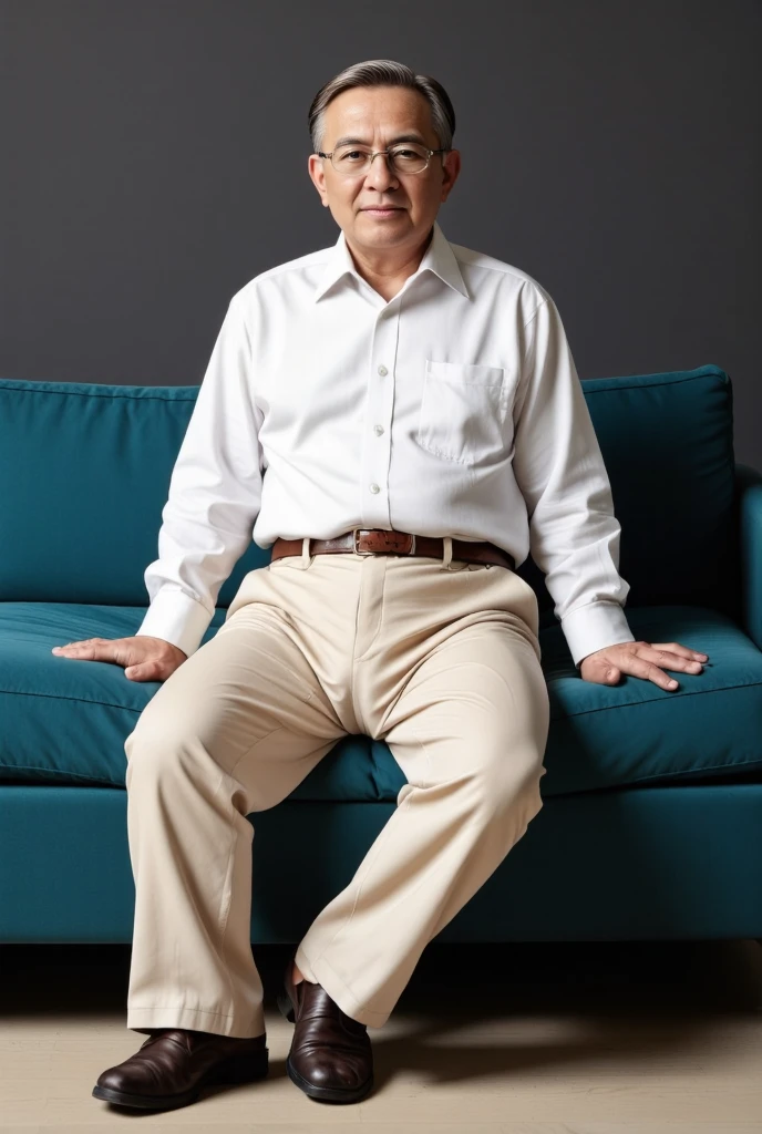 raw 4k photo, full body view, a 78 year japanese old mature man, looking straight at viewer, medium build body, slight fat, short thinning hair, gray/black hair, wearing silver framming glasses, clean shaven, wearing white shirt and tie, a hugging tight dark beige colour trousers, brown loafer shoe, sat on a big black leather sofa in his modern architecture livingroom, Dark gray colour wall background, face looking straight at viewer, spread legs wide open, showing his small bulge, highly detailed bulge, large testicles print outline, highly detailed bulge with penis print outline, sat on a big turqoise colour sofa in his modern architecture livingroom, face looking straight at viewer, spread legs wide open, showing his small bulge, highly detailed bulge with large scortum print outline and highly detailed bulge with penis print outline, shp highly detailed, exceptional realism, bright lighting, hyper realistic,, highly detailed, exceptional realism, highly detailed, hyper realistic 