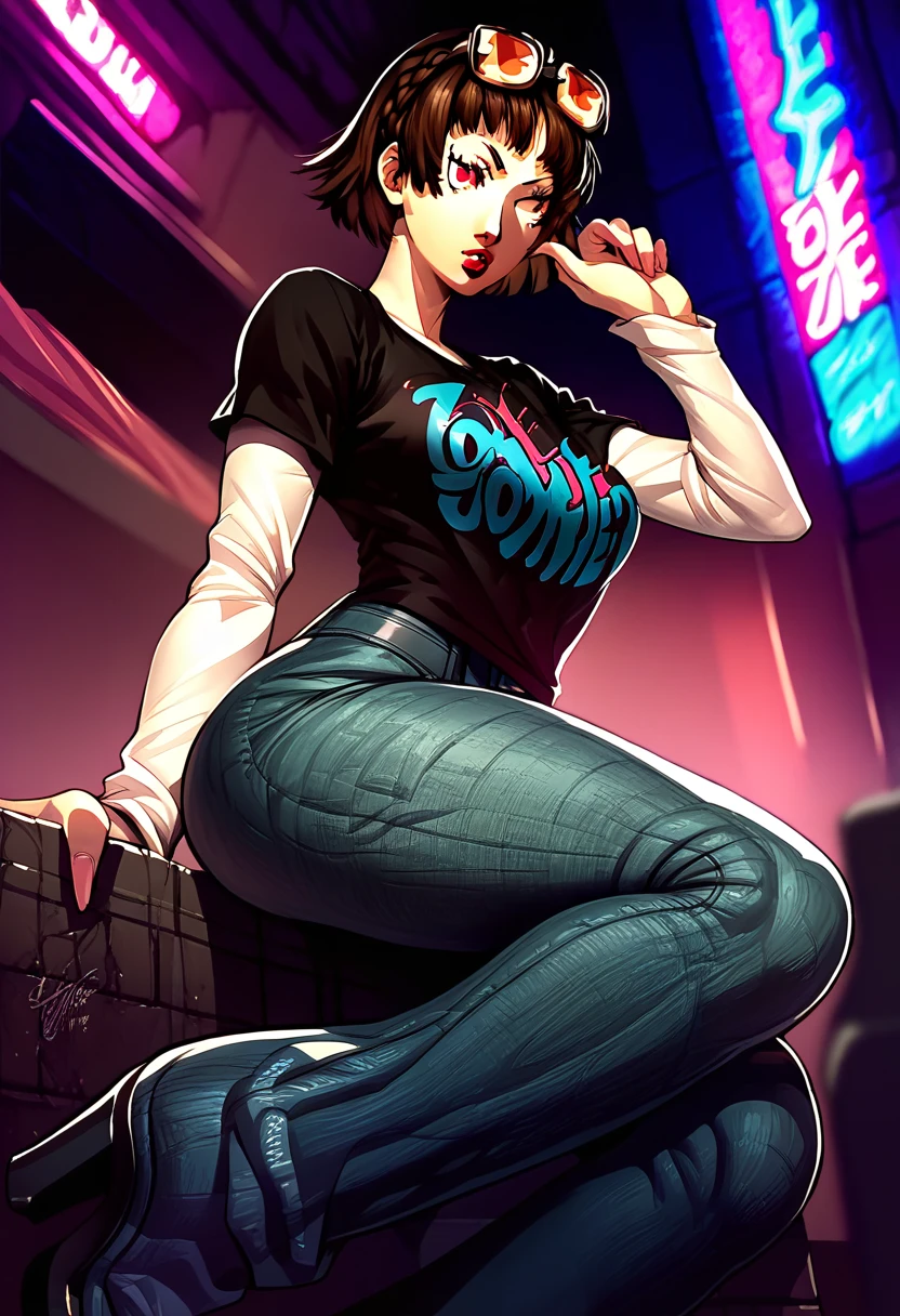 1 girl, sunglasses on head, lipstick, black t-shirt, clothes writing, layered sleeves, large breasts, jeans, Makoto Niijima, red eyes, brown hair, crown braid, high-heeled boots