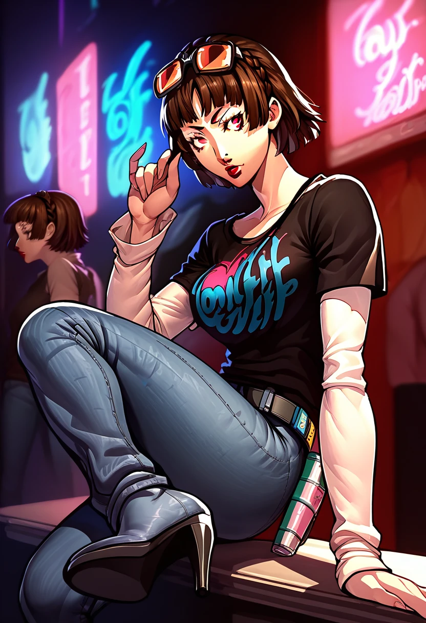 1 girl, sunglasses on head, lipstick, black t-shirt, clothes writing, layered sleeves, large breasts, jeans, Makoto Niijima, red eyes, brown hair, crown braid, high-heeled boots