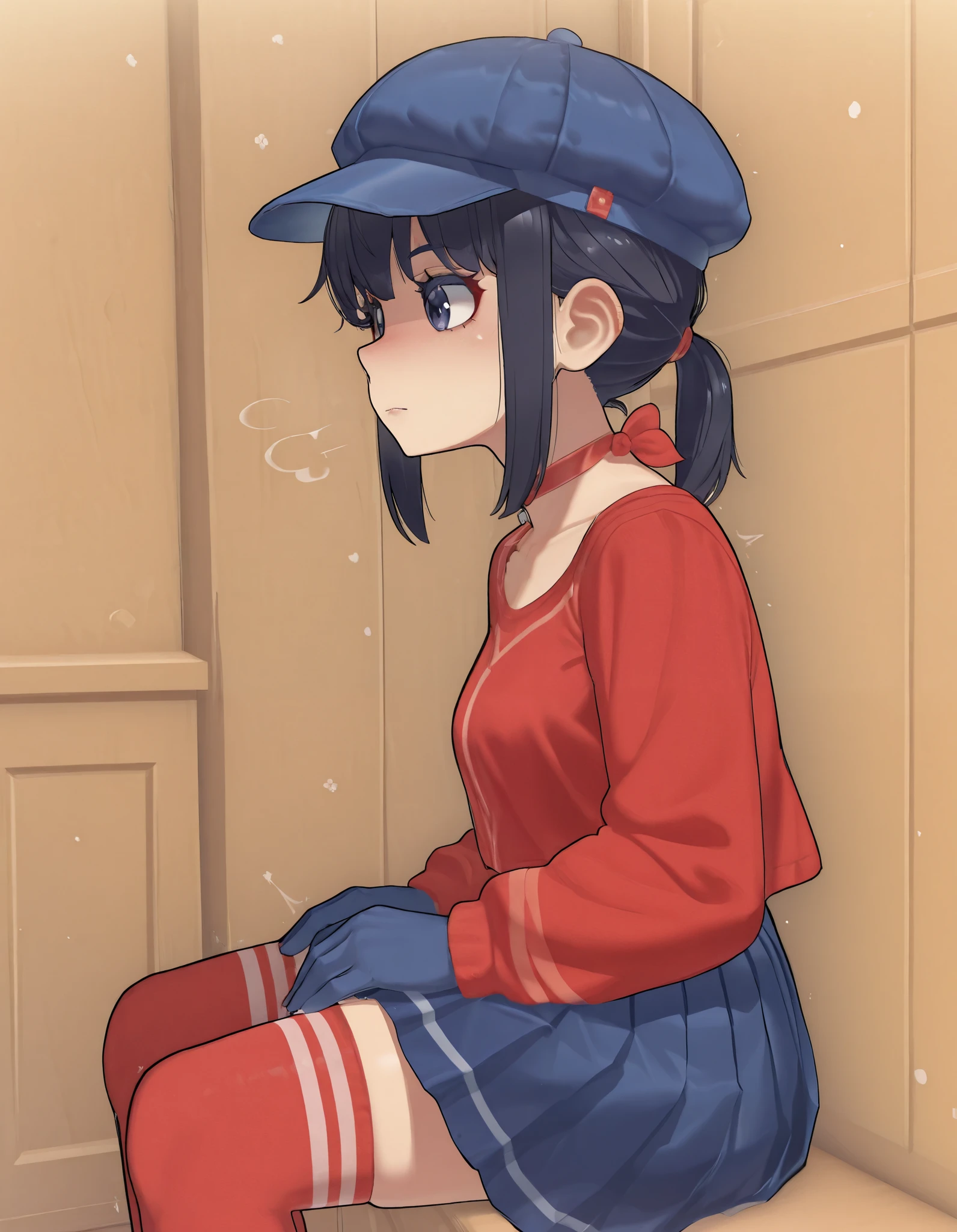 score_9, score_8_up , score_7_up , score_6_up , very perfect, 1, score_9, CoolMita, 1girl, hat, gloves Blue cap, red shirt, blue pleated skirt, red thighhighs, ponytail, masterpiece , best quality , 8k, High resolution , aesthetically pleasing , dark haired , ((Foto em ângulo baixo、Olhando para a câmera: 1,22, Inclinando-se para frente, (Cute),(Mizumizuni)