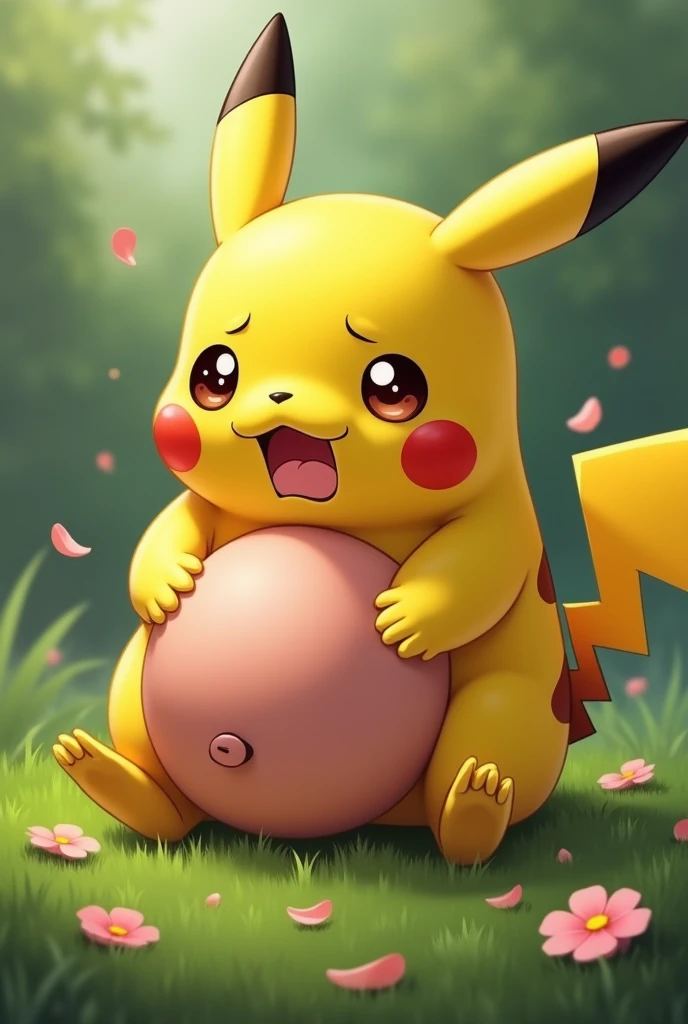 female solo, pokemon (species), Pikachu, multi colored fur, smile, fluffy, butt view, from behind, hind legs female genitals, , hires, detailed, anime, kemono, dagasi, flowers, tree, detailed background, beautiful detail, sparkles, pixiv, cute kawaii, blushing, looking back, ahegao, anal penetration, cum in ass
