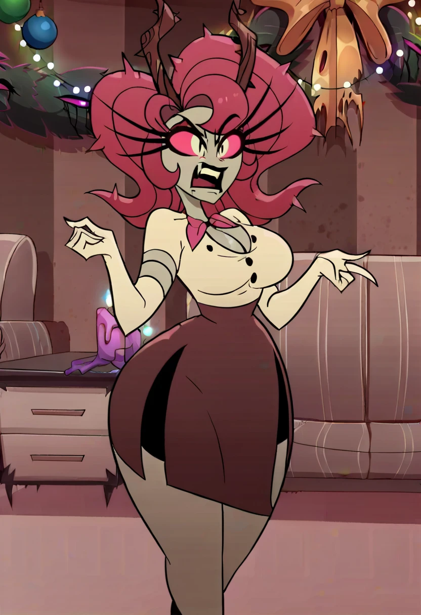 1girl, solo, best quality, demon girl, womb tattoo, lingerie, seductive look, looking at viewer, absurdres, kinkymation style, cartoony, thick outline, succubus horns, flat color, thick outline, kinkymation style, slim, medium breasts,