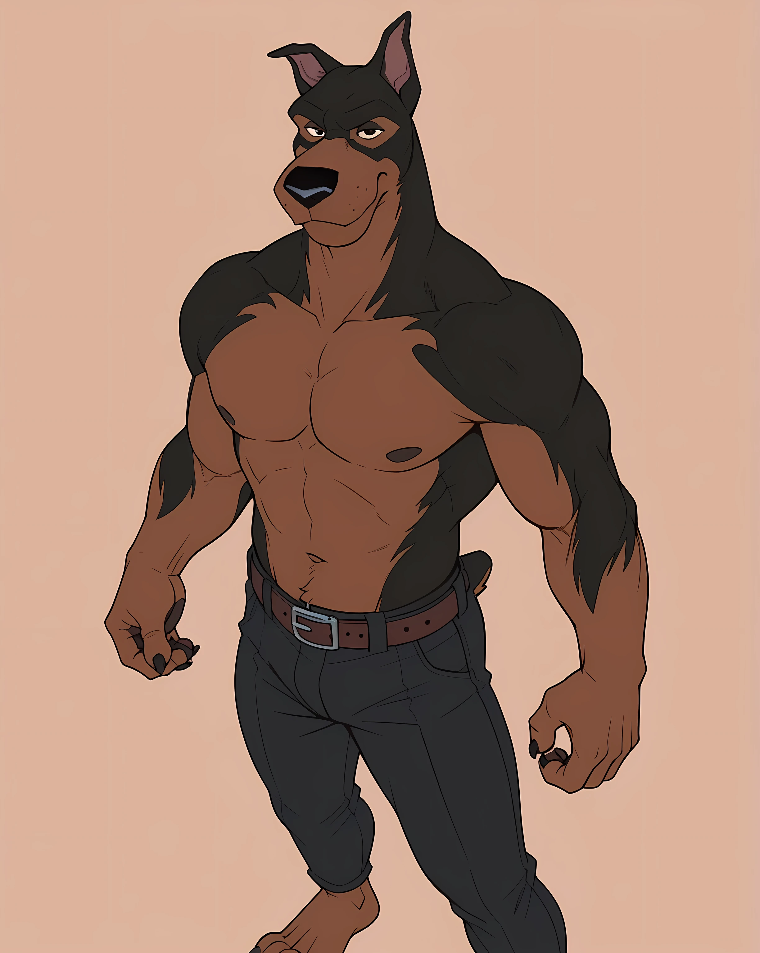 BusterLT, furry, anthro, anthro body, canine, doberman, black eyes, black nose, black body, black fur, brown body, brown fur, two tone body, two tone fur, pink inner ear, full body, heavyweight build, muscular, muscles, (flat colors, no shading), simple background, detailed, posing, looking at viewer, closed mouth, smile, strong posture, shirtless, bare chest, belt, pants, bare feet, muscular neck, half body, above waist, strong pose, short tail