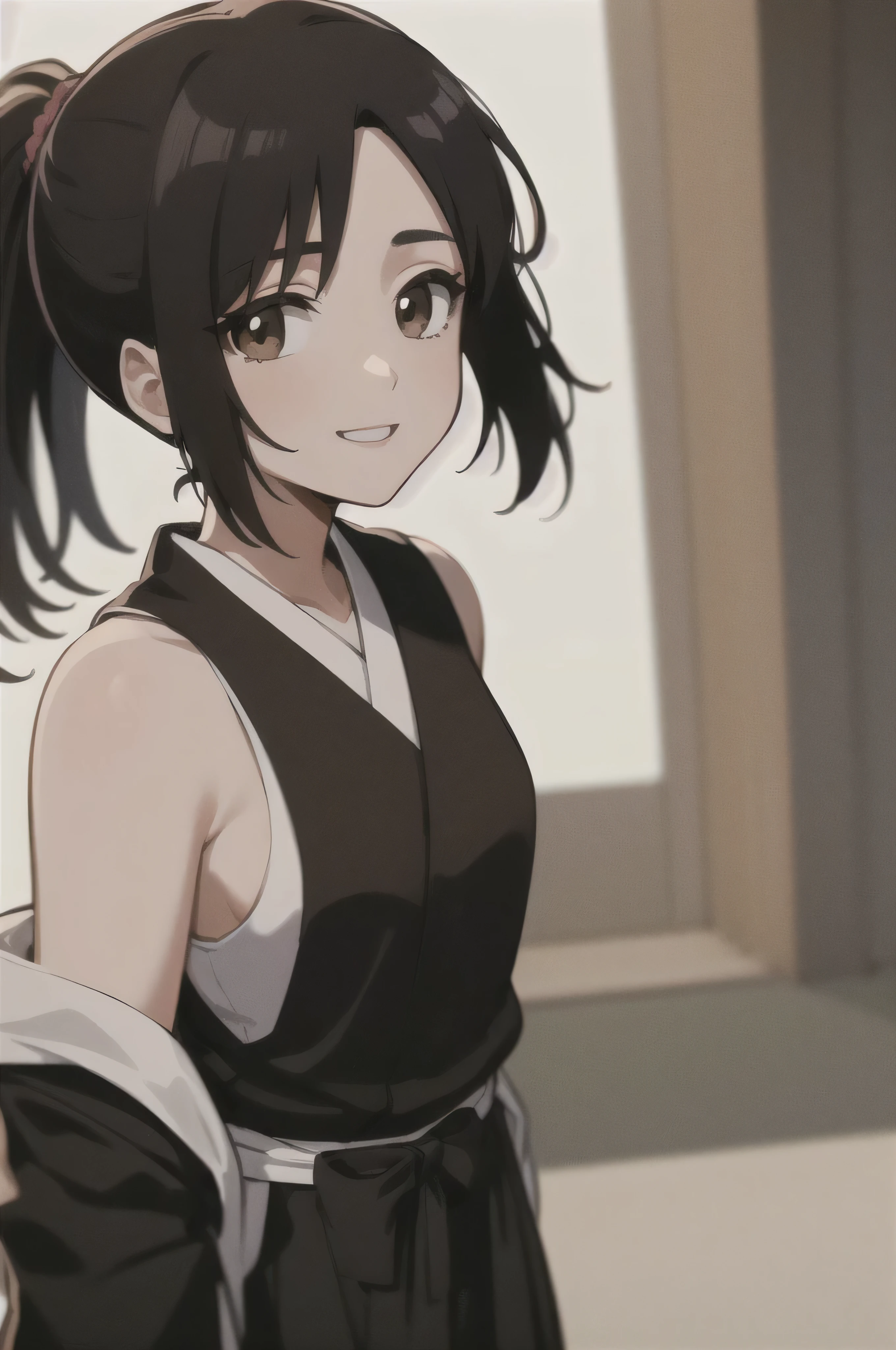 Masterpiece, best quality ,
1 girl, romantic love, black hair, ponytail, Van Cover, brown eyes, kimono, Black Hakama, black kimono ,I'm wearing a white sleeveless coat
smiling, Alone, is looking, simple background, white background