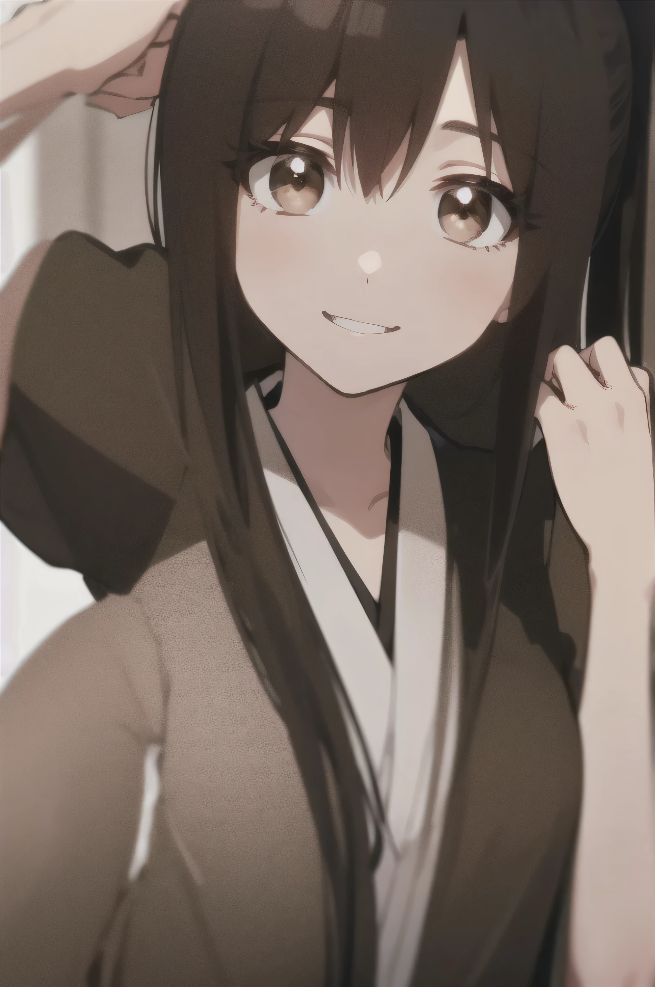 Masterpiece, best quality ,
1 girl, romantic love, black hair, ponytail, Van Cover, brown eyes, kimono, Black Hakama, black kimono ,I'm wearing a white sleeveless coat
smiling, Alone, is looking, simple background, white background