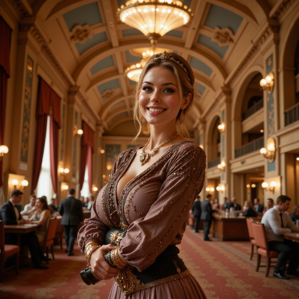 Generate a hyper-realistic macro shot of a steampunk woman standing in the opulent lobby of a grand city theater. She is dressed in an elegant, formal gown with steampunk accessories, including a beaded clutch and a delicate brass tiara. Her radiant smile is captured from the front as she clutches a pair of opera glasses, looking around with excitement. The warm, inviting lighting from the chandeliers casts a golden glow on the scene, highlighting the velvet drapes and gleaming brass fixtures.