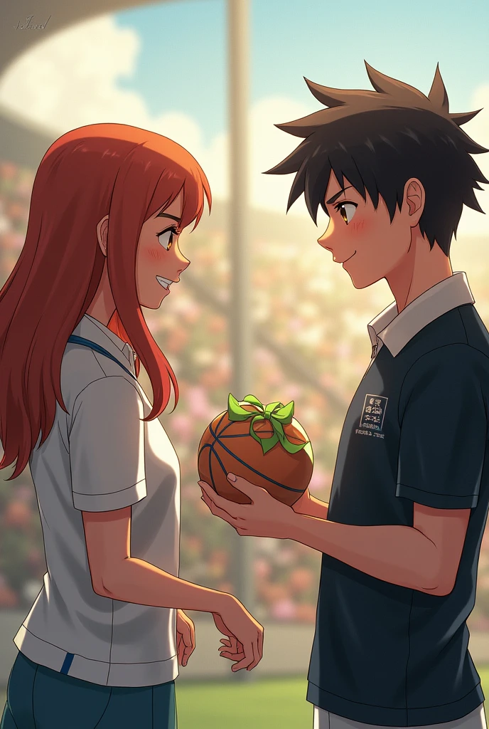 High quality, in the classroom, two-dimensional, boys holding pancake fruits, raising their hands, to smash into girls, --auto --s2