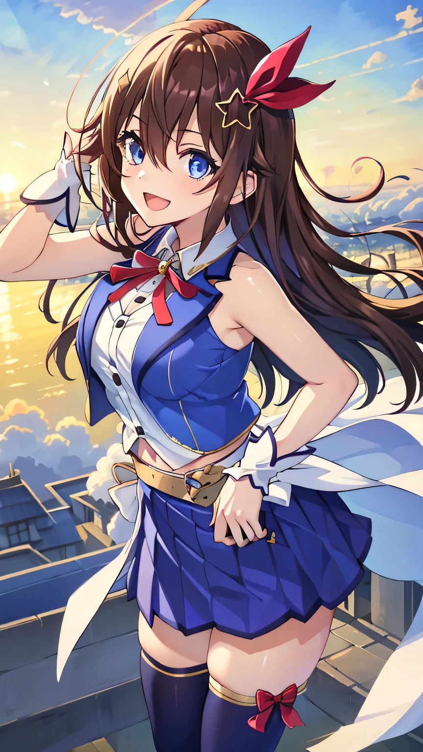 {{{masterpiece}}}, (best quality:1.5), (ultra-detailed:1.5), {illustration}, {{an extremely delicate and beautiful}}, (beautiful detailed eyes:1.6), absurdres, highres, extremely detailed face, 16k, hd, visual anime de uma jovem mulher, extremamente bonito rosto de anime, anime melhor garota, (perfect hands, perfect anatomy), anime face, Tokino Sora (HOLOLIVE), tokinosoraHL, 1girl, solo, cute face, long hair, brown hair, hair between eyes, star shaped hair ornament, hairclip, ribbon, hair ribbon, blue eyes, (High resolution eyes, Beautiful eyes, Light in the eyes), medium breasts, big hips, curvaceous, BREAK, blue vest, (open vest:1.2), white shirt, under breasts, sleeveless, midriff, red ribbon tie, wrist cuffs, (waist cape:1.1), blue skirt, pleated skirt, miniskirt, blue thighhighs, thigh ribbon, thighs, zettai ryouiki, BREAK, 1girl, solo,  smile, open mouth, flushed cheeks, (sky above:1.5), (fly in the sky:1.5), Above the City, floating, above the clouds, looking at viewer, outdoor, during the day, city ​, sky, solar,  (Aerial View:1.3), telekinesis, arm up, motion blur, above clouds, Scenery