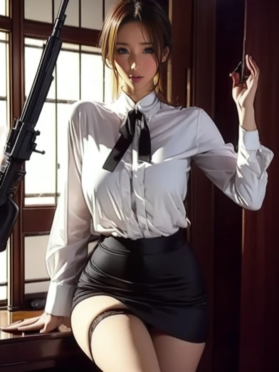 (((Shooting from a low angle below))), a girl in blouse and pleated skirt, showing her underwear, long stockings or pantyhose, (upskirt), camel toe, sexy underwear, medium breasts, (very detailed), ((perfectly detailed face)), (detailed face), (detailed hand), (detailed hand), photorealistic image.