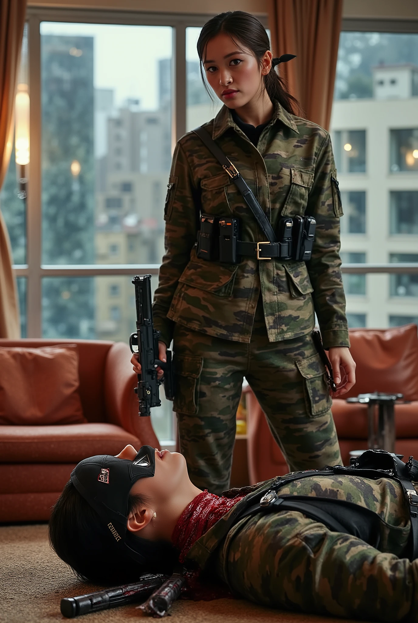 hight quality, Realistic, very cute beautiful girl, male full face mask, male die, male neck slashed, male neck bloody splash, several long knife stuck into male neck, male ninja, deadly girl, girl delta force,girl Camuflase delta force, Penthouses