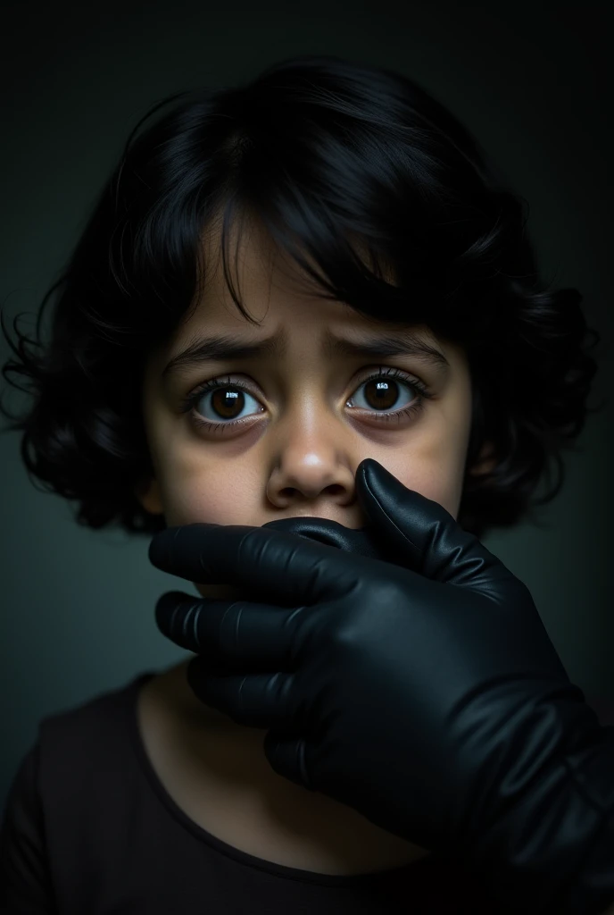 (photography)(dynamic) A closeup face of a female Malay, wearing hijab. Her mouth is gagged by two gloved hands. Crying expression.