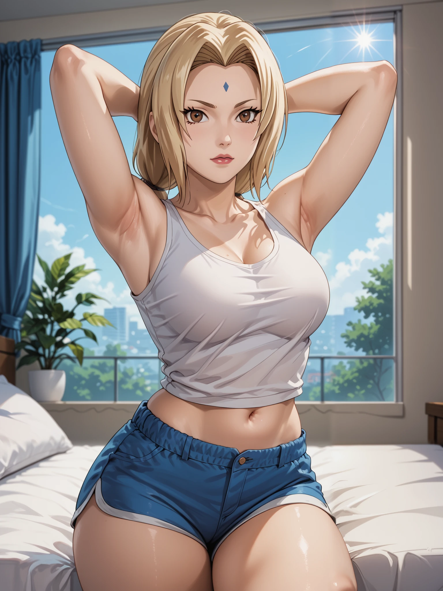 Masterpiece, extremely detailed,perfect quality,4k ,2D ultra graphic,anime,tsunade,bigbreasts ,sexy,perfect sexy body,slim body,sexy ass,long legs,beauty korean face ,manhwa face ,ambarrased face ,white tanktop,sexy short pants,front looks,white plain background