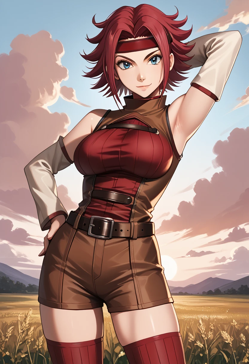 score_9, score_8_up, score_7_up, score_6_up, source_anime, 1girl, solo, kouklln, red hair, flipped hair, short hair, blue eyes, red headband, red sleeveless turtleneck, navel, belt, brown shorts, detached sleeves, red thighhighs, large breasts, arm behind head, looking at you, smile, hand on hip, clouds, sunset, wide shot, field