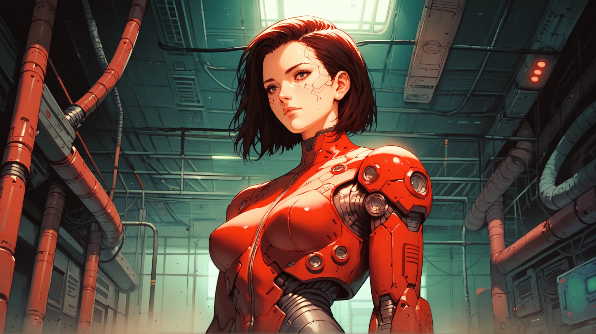 1girl, solo, female focus, a woman with mechanical parts and a red bodysuit standing in a room with a machine behind her and a light above her, anime visual, cyberpunk art, retrofuturism, breasts, science fiction,