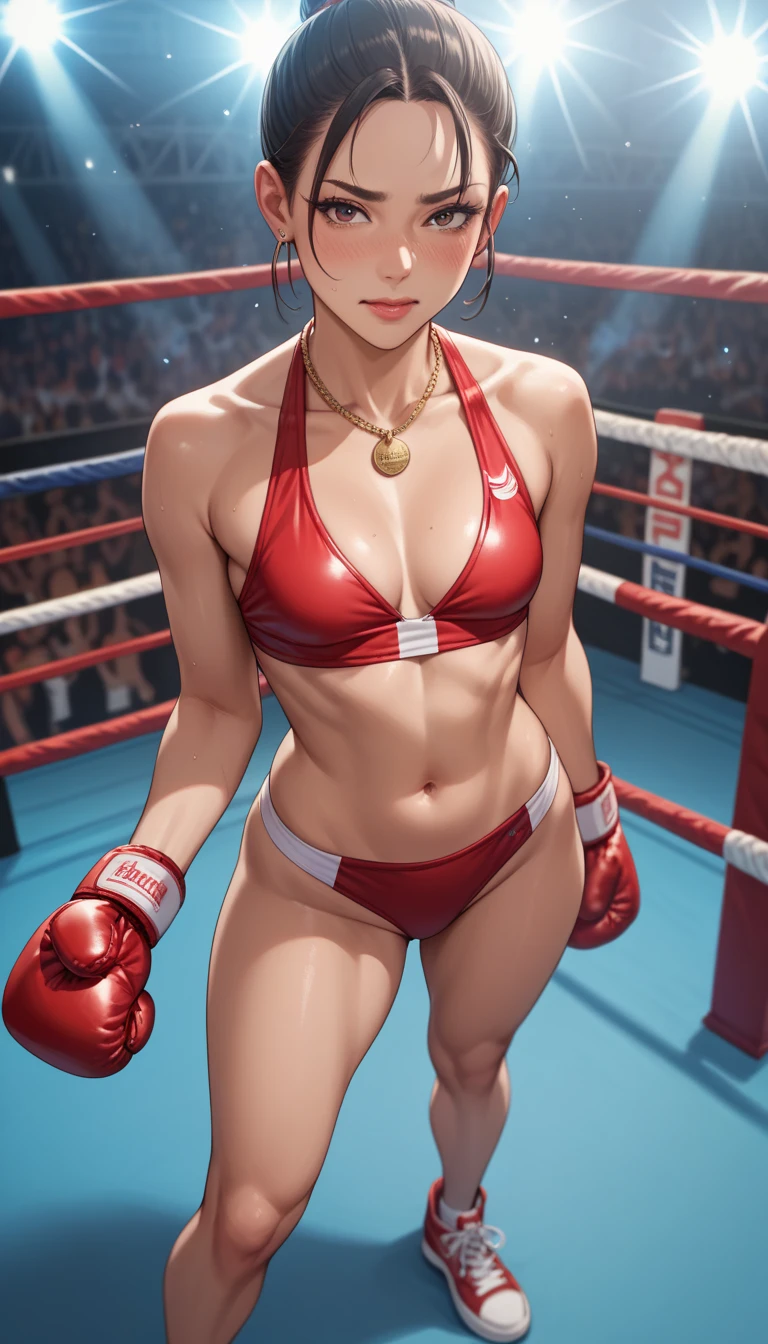 Boxer woman, red boxing gloves, Brown skin, cabello negro de trenzas, cara enojada, shorts deportivos cortos de boxeo color rojo, top deportivo blanco, in fighting position, escenario de ring de boxeo, bandera mexicana de fondo