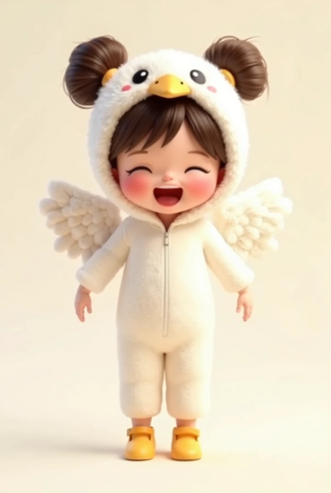 A cute little kid of 2 year who is walking on ramp wearing chicken costume 