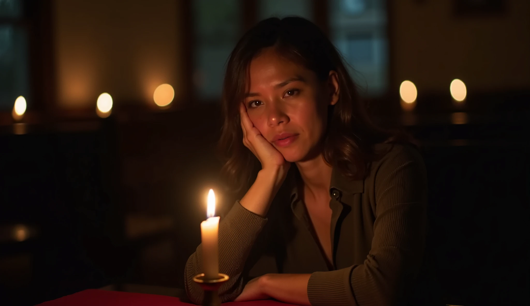 The woman is sitting in front of a simple candle holder, her head resting gently in her hand as she gazes at the flame. Her posture is relaxed, yet her expression is one of quiet contemplation.

Lighting:
The flickering candlelight illuminates her face, casting soft shadows on her features while the surrounding darkness adds contrast.

Background:
The faint silhouettes of pews and soft candlelight in the background create an intimate and reflective atmosphere.