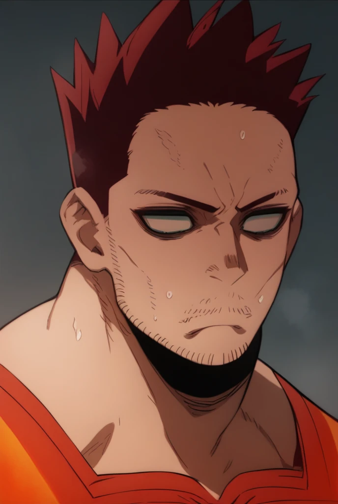 Endeavor, short hair, muscle, shirtless, sweaty, empty eyes, dazed expression, blank stare, hypnotized, brainwashed, hairy chest