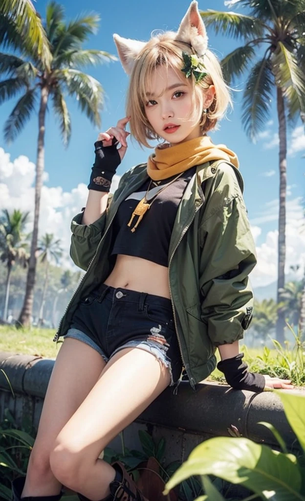 18 YEAERS OLD, 168 cm height, young girl, FULL BODY, (masterpiece), (highest quality), (illustration), (super detailed), (high resolution), absurdity, one girl, short hair, hair clip, (crop hoodie with cat ears), black hooduie, wearing a hoodie hat, moe sleeves, blush, (wears yellow linen shorts), (blonde), very cute girl, small, young, delicate, Outdoors, attention to girls, waist