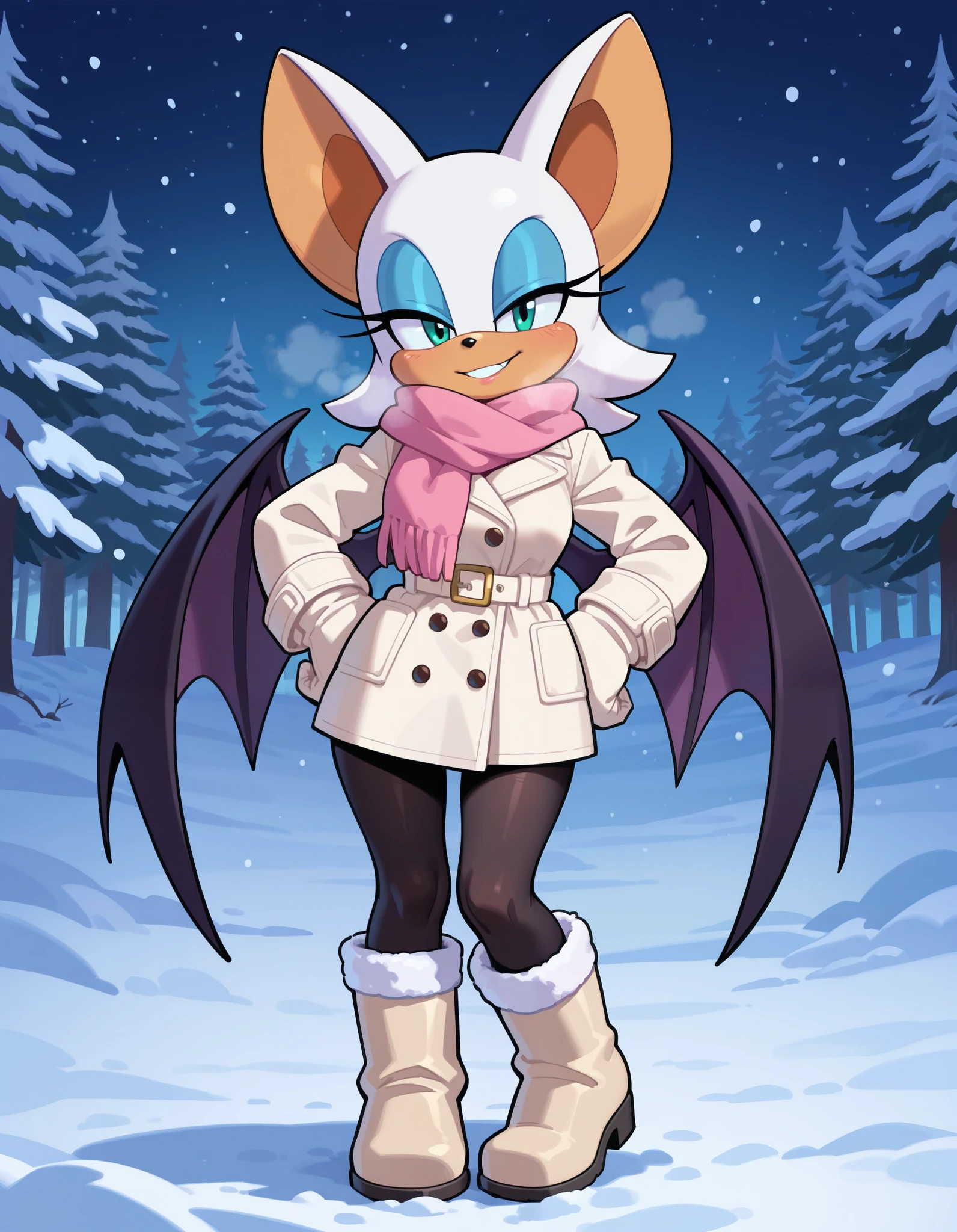 masterpiece, best quality, amazing quality, very aesthetic, absurdres, source furry, rouge the bat, half closed eyes, cyan eyes, seductive look, outdoors, looking at viewer, smile, elegant beige winter coat, pink scarf, black pantyhose, beige winter boots, beige winter gloves, oily skin, standing, hands on hip, full body, closeup, snow, night time, heavy breathing