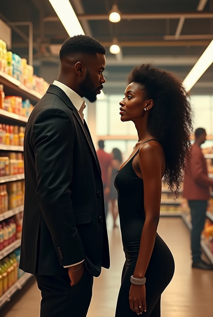 A curvy African American woman. Who is on a shopping spree with her tall buff Korean husband.