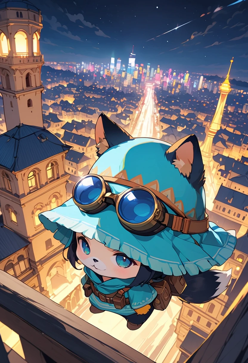 High detail, anime illustration style, masterpiece, ultra-definition, bright colors, pop style, (((Cute Animals' Journey))),fox and raccoon ,goggles, poncho, water bottle, binoculars,Looking down on the city from the top of the tower at night, deformed character, chibi style, anime style, fantasy