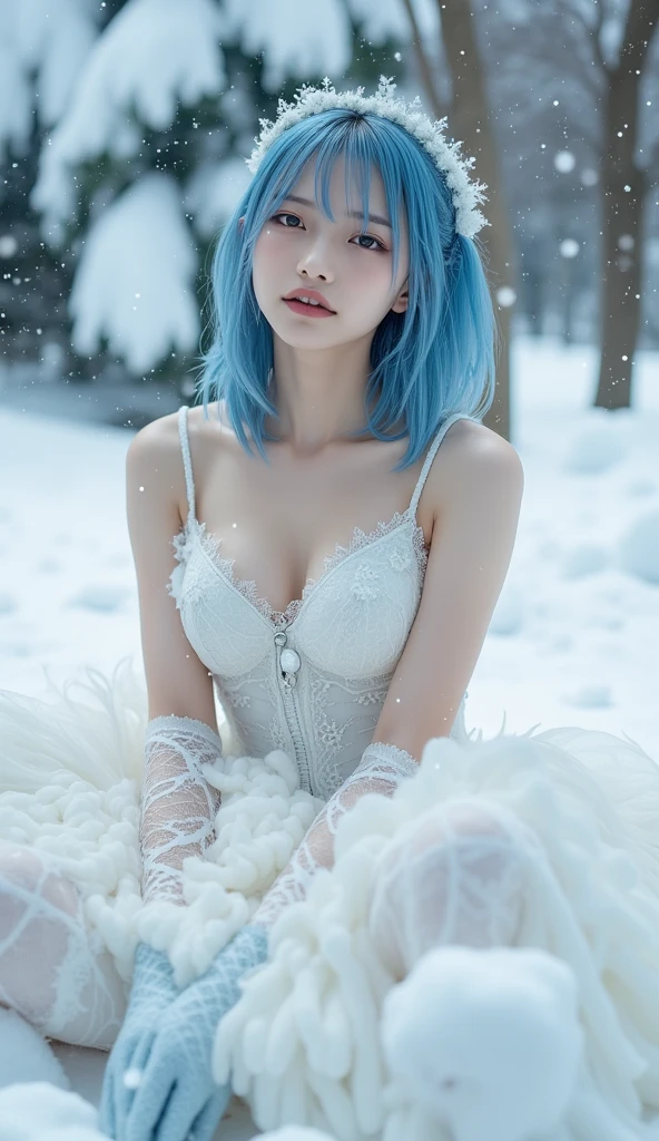 Snow Country High Resolution Light Blue Hair, Cleavage, Snow Flowers on Thighs 19 Years Old　Droopy eyes 3D Crouching