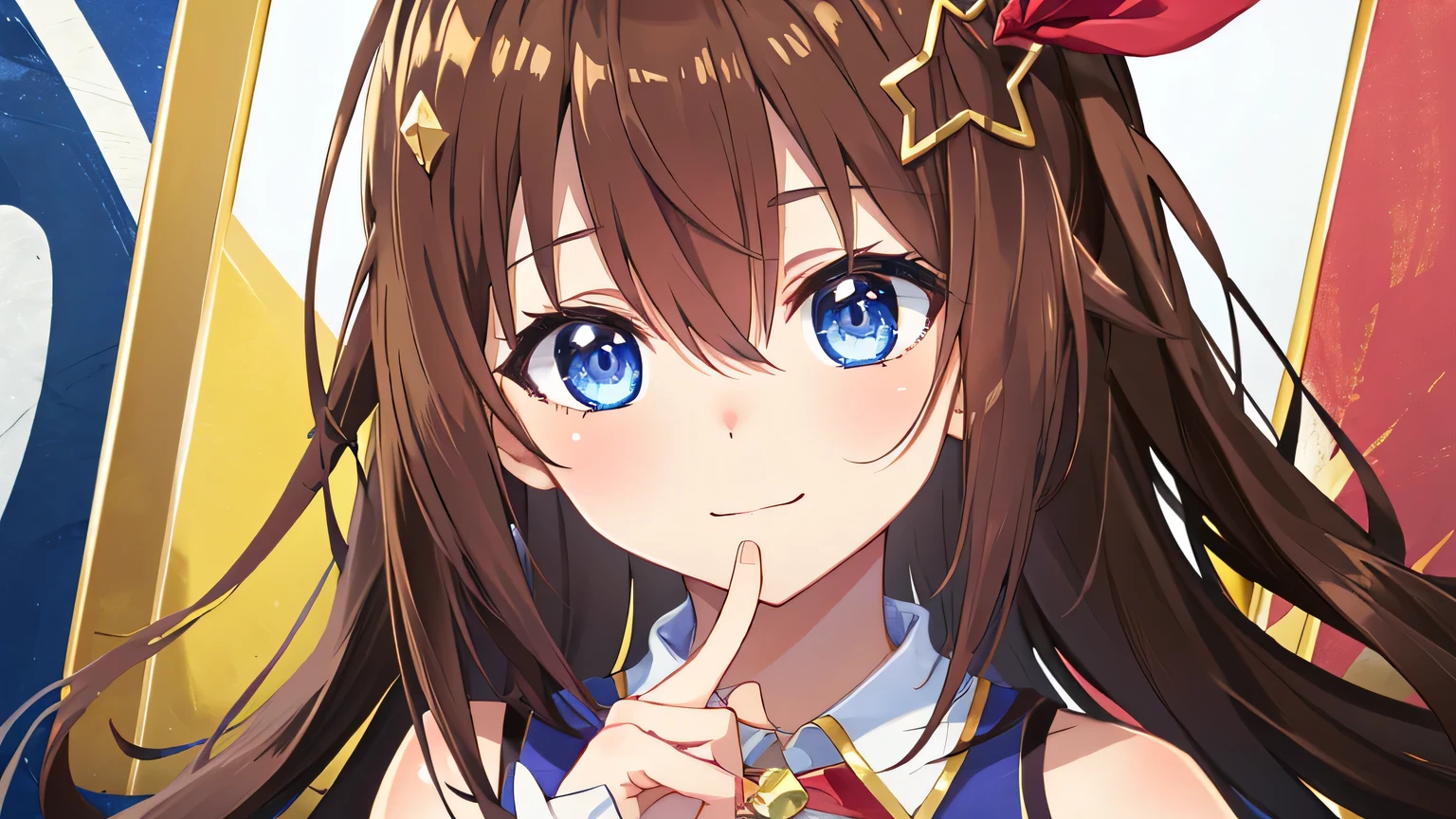 {{{masterpiece}}}, (best quality:1.5), (ultra-detailed:1.5), {illustration}, {{an extremely delicate and beautiful}}, (beautiful detailed eyes:1.6), absurdres, highres, extremely detailed face, 16k, hd, visual anime de uma jovem mulher, extremamente bonito rosto de anime, anime melhor garota, (perfect hands, perfect anatomy), anime face, Tokino Sora (HOLOLIVE), tokinosoraHL, 1girl, solo, cute face, long hair, brown hair, hair between eyes, star shaped hair ornament, hairclip, ribbon, hair ribbon, blue eyes, (High resolution eyes, Beautiful eyes, Light in the eyes), medium breasts, BREAK, blue vest, (open vest:1.2), white shirt, under breasts, sleeveless, midriff, red ribbon tie, wrist cuffs, (waist cape:1.1), blue skirt, pleated skirt, miniskirt, BREAK, smiling, flushed cheeks, (portrait:1.5), outdoor, Medieval Europe, daytime, building, (covering chest by hand:1.5), medium close-up shot