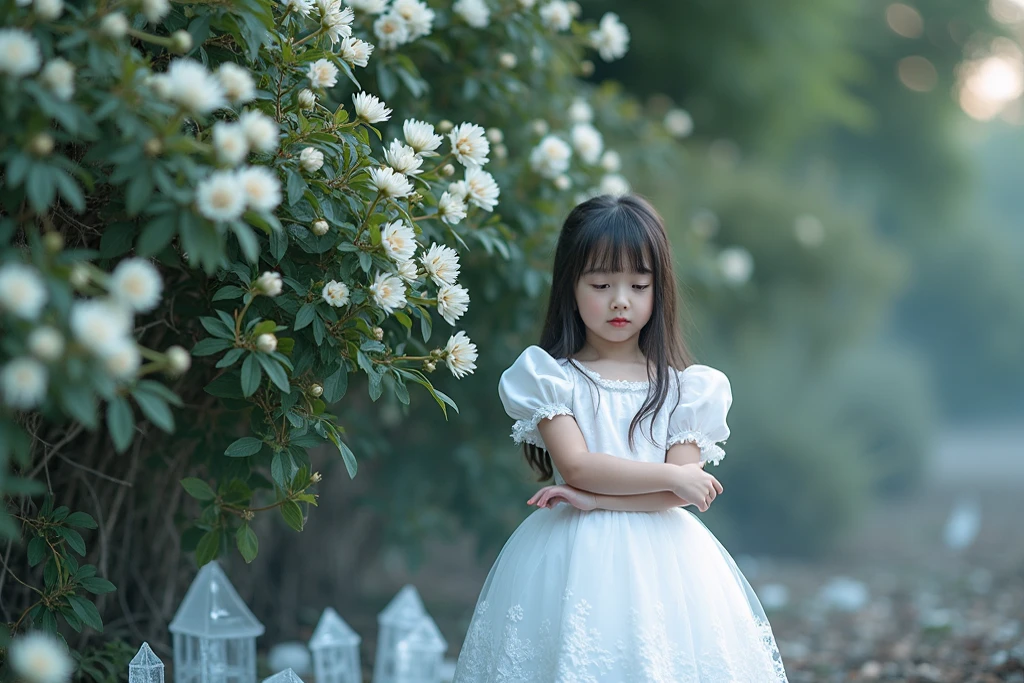 There is a young girl in a white dress standing in a field of flowers ...