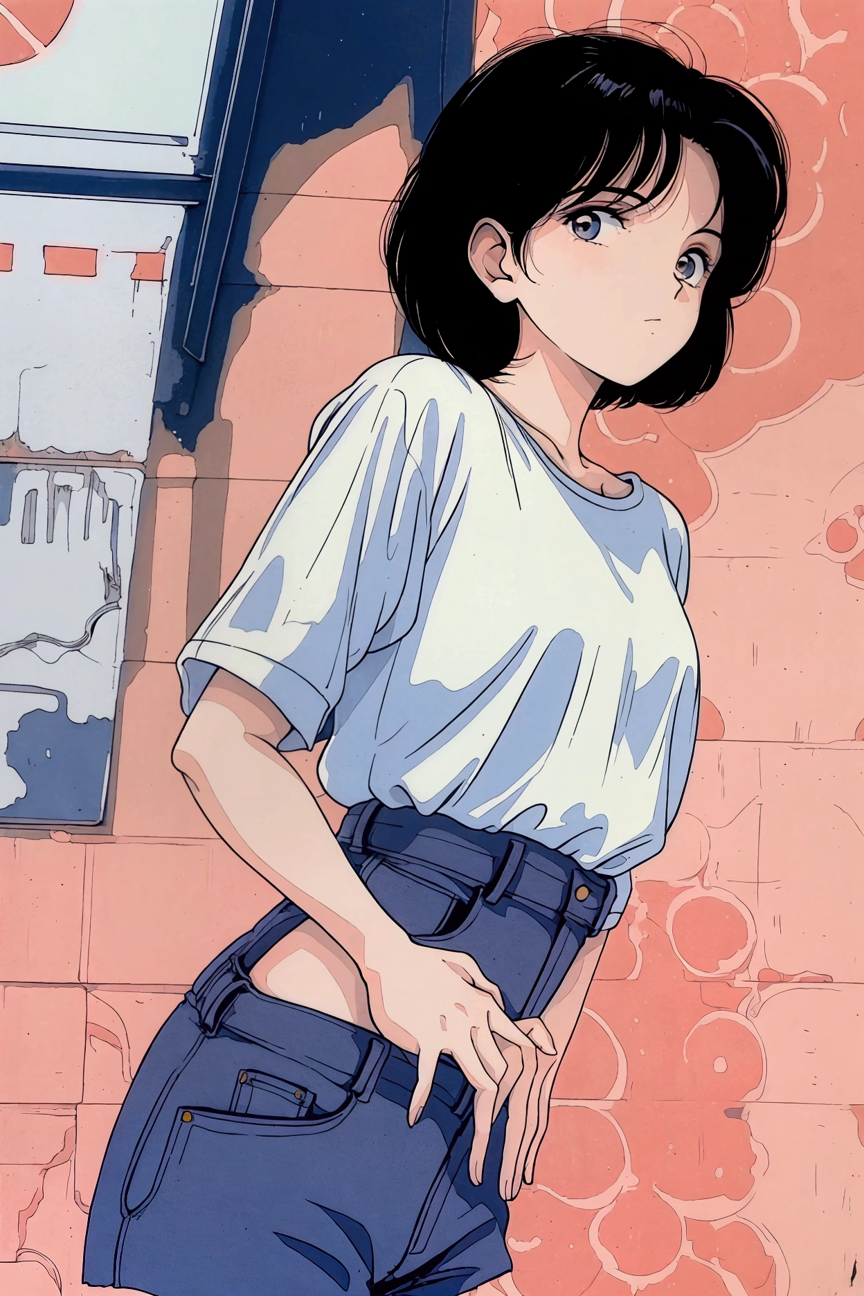 1980s,  1 girl, whole body,  Short Black Hair ,  white shirt,  denim shorts,  standing, wallpaper