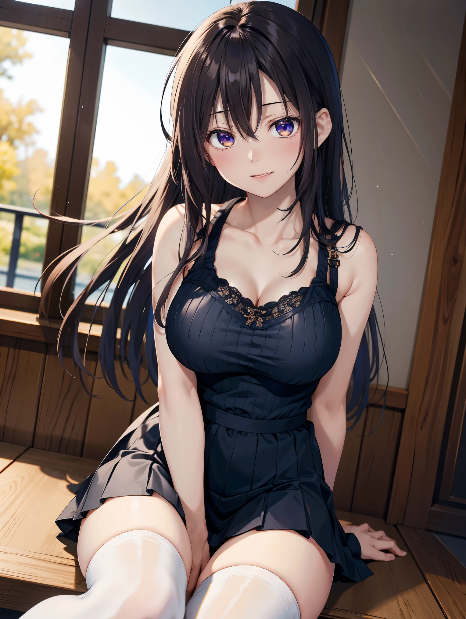 ((Dark blue shrugs his knees and spreads his legs wide、((brown lowfelonze hair　(Squat down so I can see her exposed .)))(cat shot)single eyelid　Kirinaga eyes　small face beauty　beautiful and fine eyes、super detailed、High resolution、highest quality、masterpiece、、(Japanese girls&#39; high school uniform))、very detailed expression　 School classroom transcendental beauty　　Idol girls、((dynamic pose)))、pleated skirt、sexy smile　Low - Angle