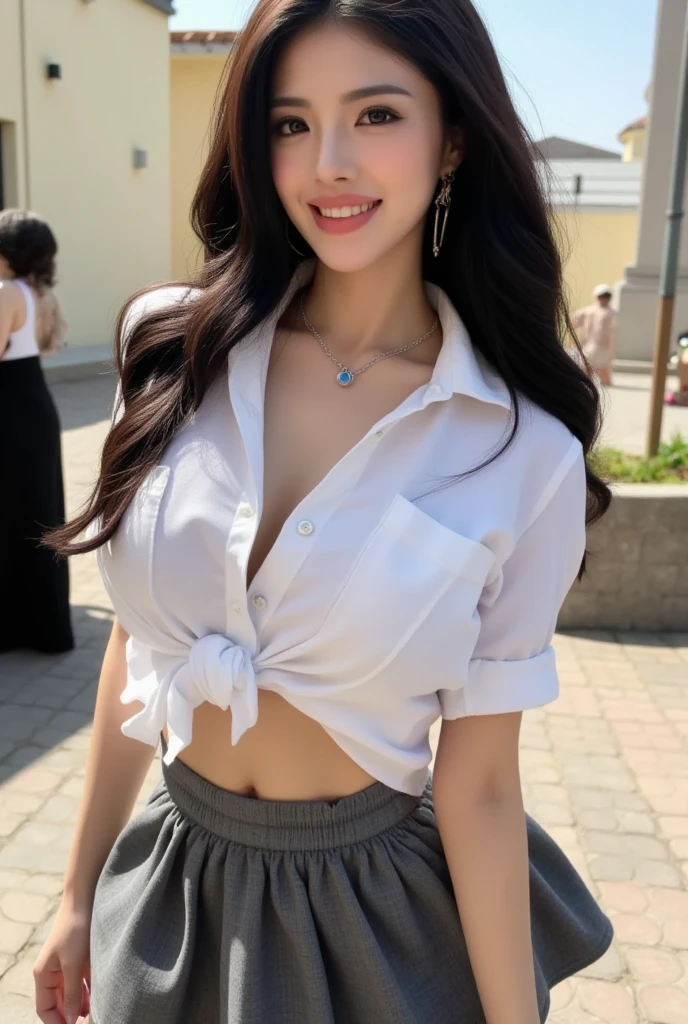 photo of a 20-year-old woman, perfect face, masterpiece, (hyper realistc), Good, Slavic woman, black hair, green eyes, red lipstick on lips, The girl is wearing wide jeans, The girl is wearing a white T-shirt, ideal figure, without underwear, nipples visible through a white T-shirt, perfect medium breasts, right hand touches lips, Flirting with the camera, Sexy, 4K, Realistic appearance, The girl is wearing a black leather belt, the girl has a gold watch on her left hand, Gold watch on the girl’s left hand with the dial facing the viewer, the girl's skin pores are visible, Perfect Image, photo, girl touches her lower lip with two fingers, BLACK manicure, Flirting with the camera, the girl touches her lower lip with her right hand, The gold watch on the girl’s left hand glitters in the sun, glare from a gold watch, the girl has white sunglasses, the girl has a gold watch with the dial turned towards the viewer, twilight, the girl has a black manicure, the girl is smiling, the girl is realistic, high quality image,